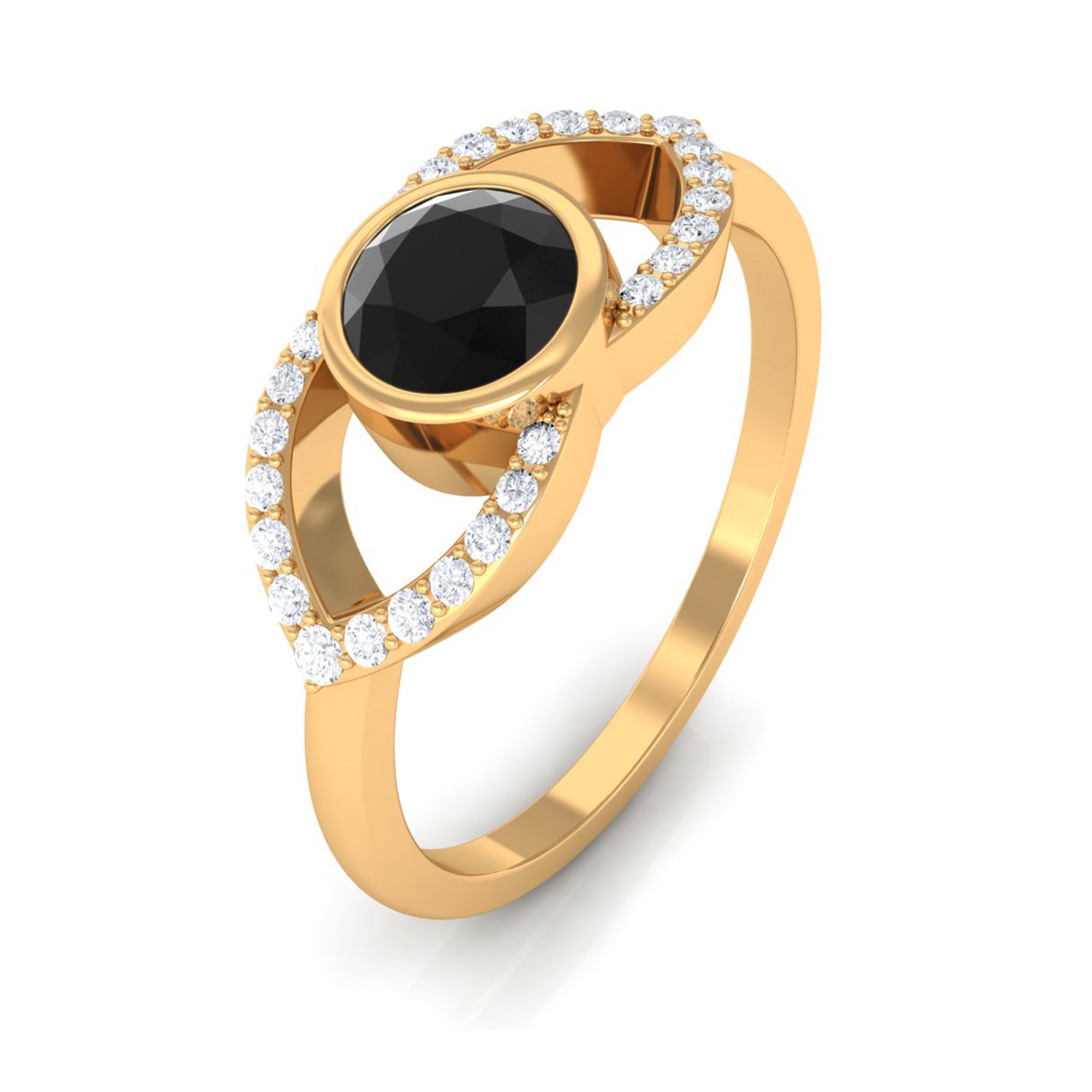 Bezel Set Solitaire Black Spinel and Diamond Ring in Split Shank AAA - Rosec Jewels