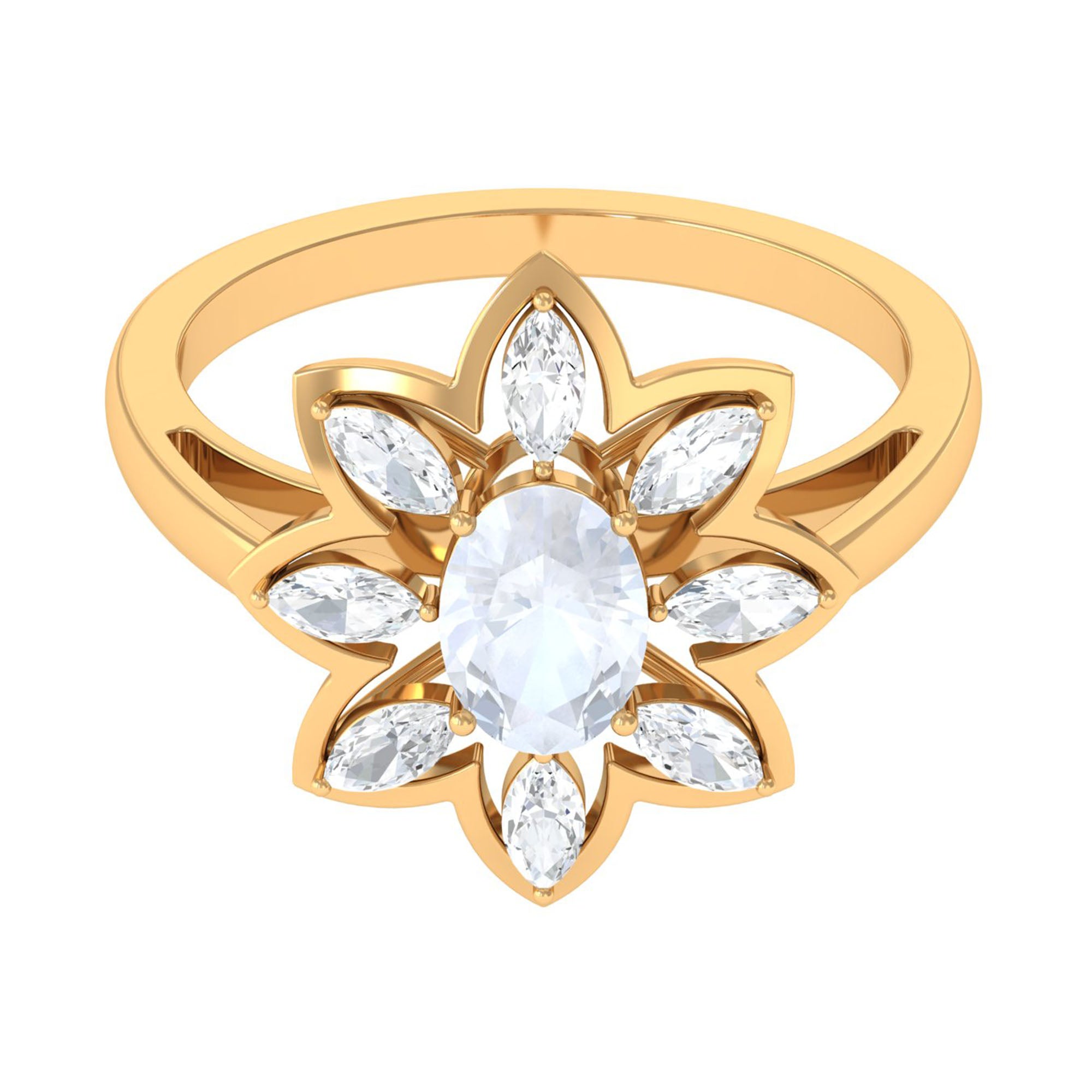 Oval Cut Moonstone and Diamond Flower Cocktail Ring AAA - Rosec Jewels