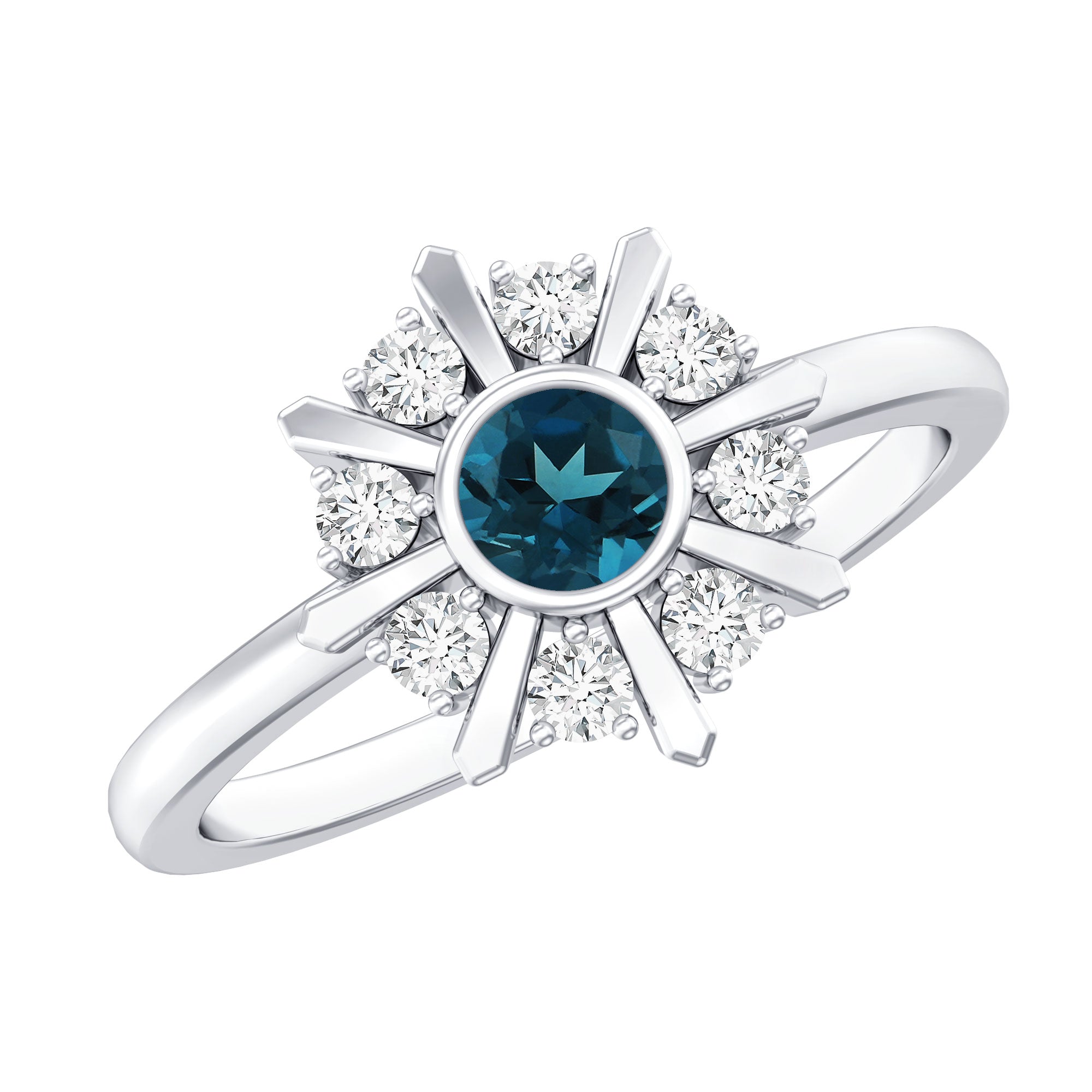 5mm Round London Blue Topaz Flower Ring with Diamond AAA - Rosec Jewels