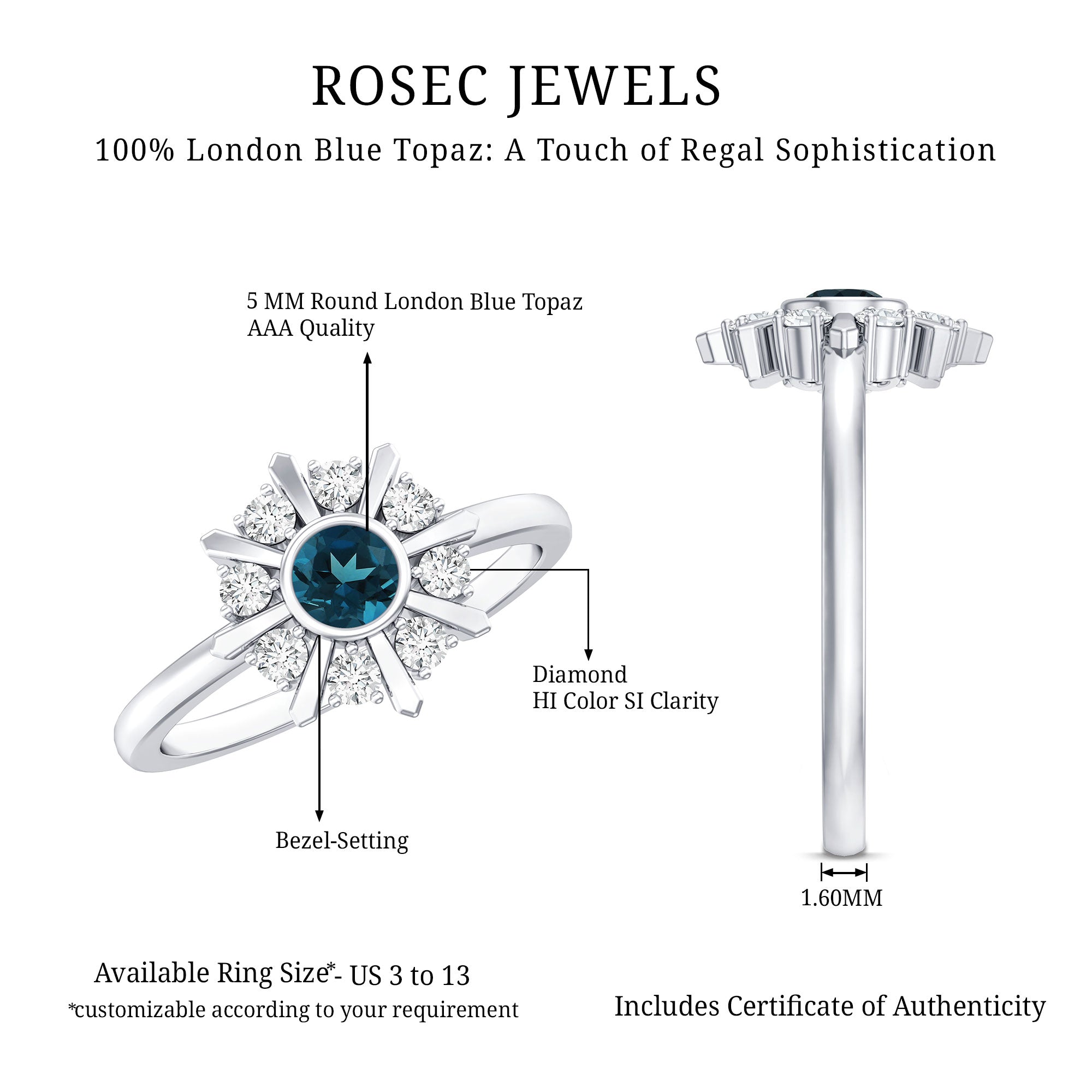 5mm Round London Blue Topaz Flower Ring with Diamond AAA - Rosec Jewels