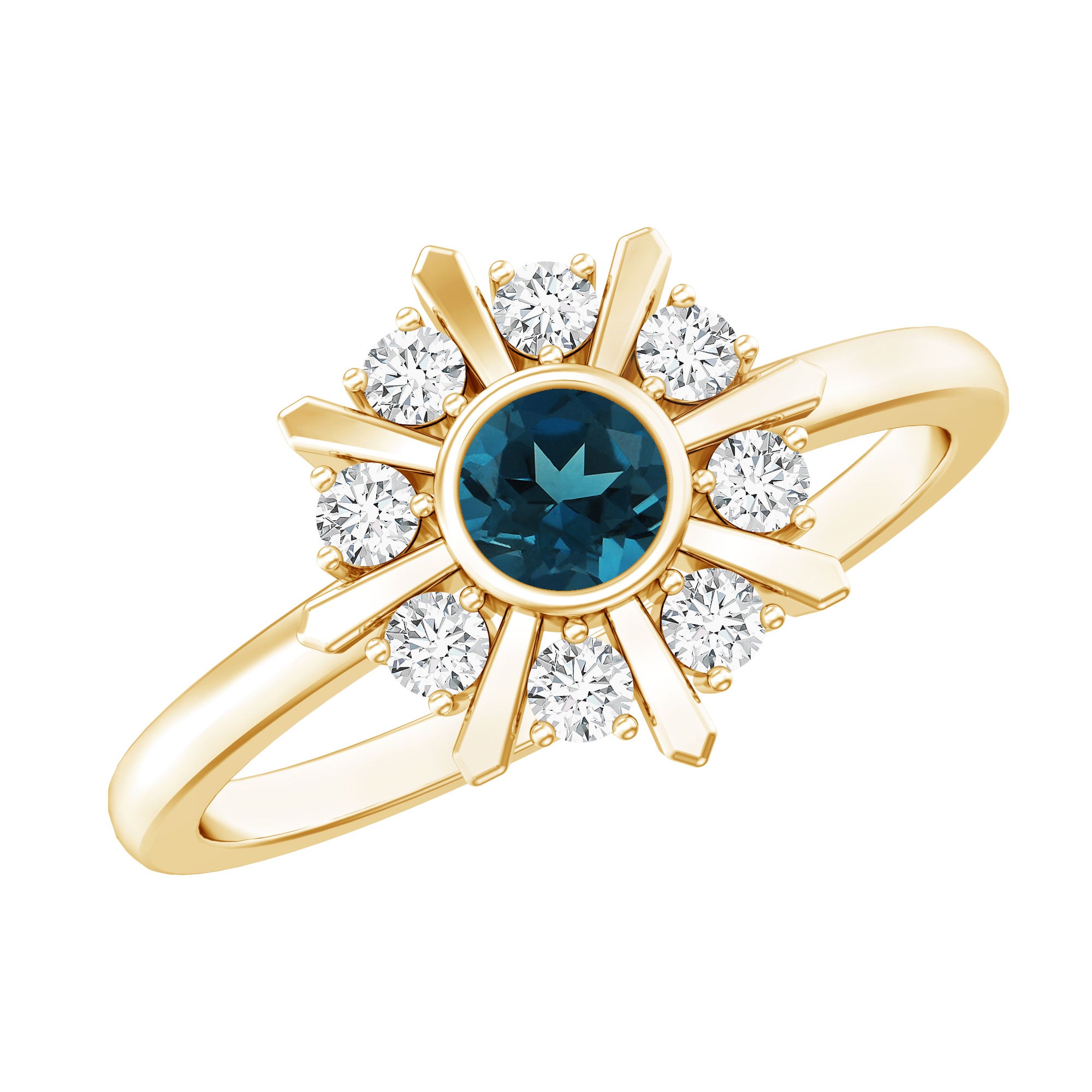5mm Round London Blue Topaz Flower Ring with Diamond AAA - Rosec Jewels