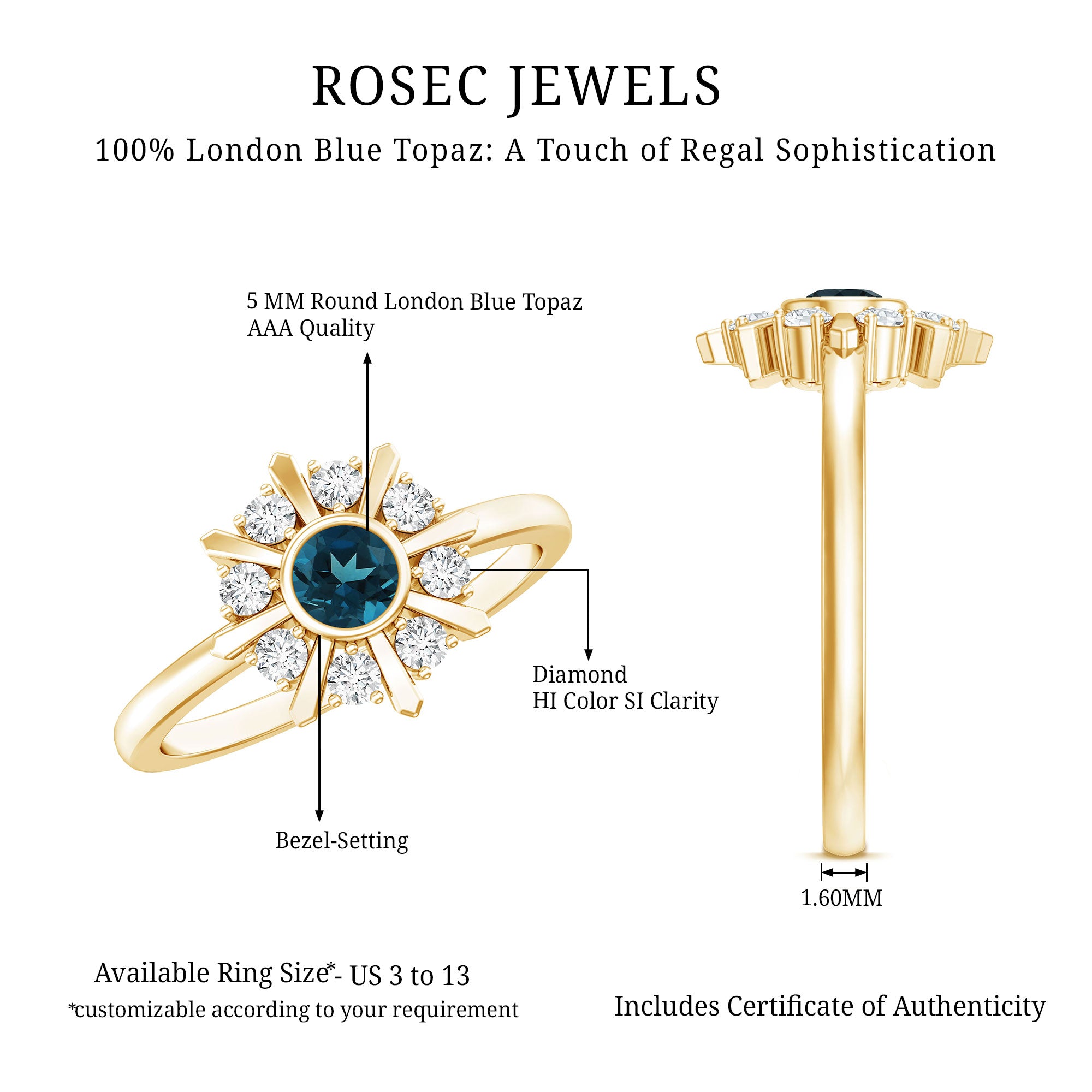 5mm Round London Blue Topaz Flower Ring with Diamond AAA - Rosec Jewels