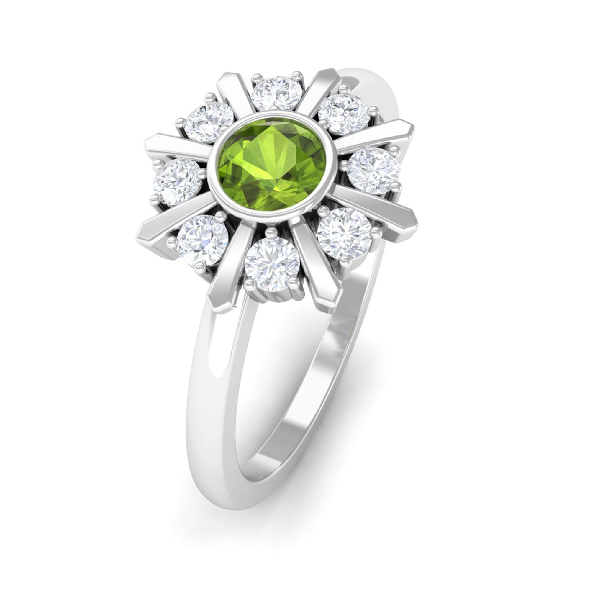0.50 CT Natural Peridot Statement Ring with Diamond Stones AAA - Rosec Jewels