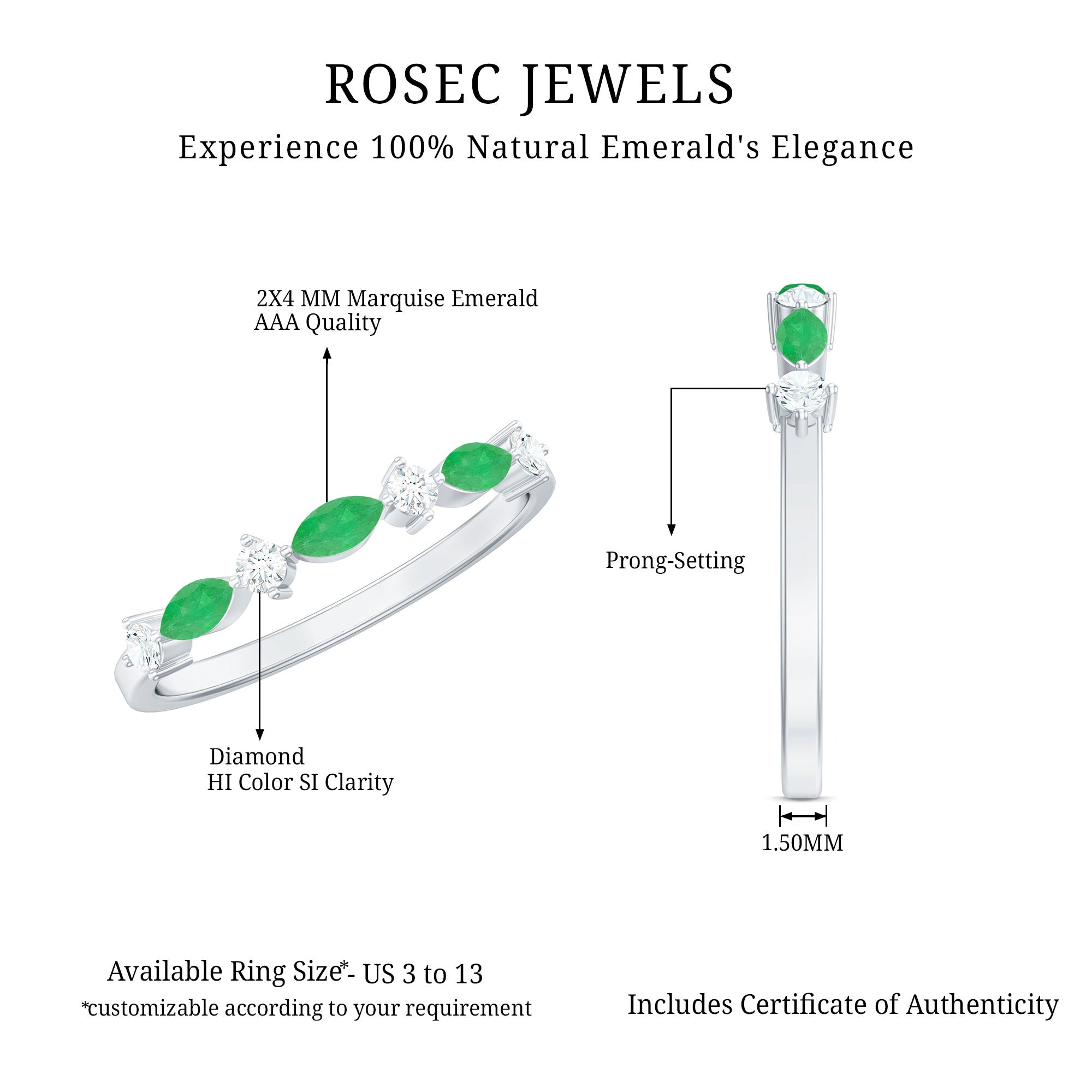Genuine Emerald and Diamond Minimalist Half Eternity Ring AAA - Rosec Jewels