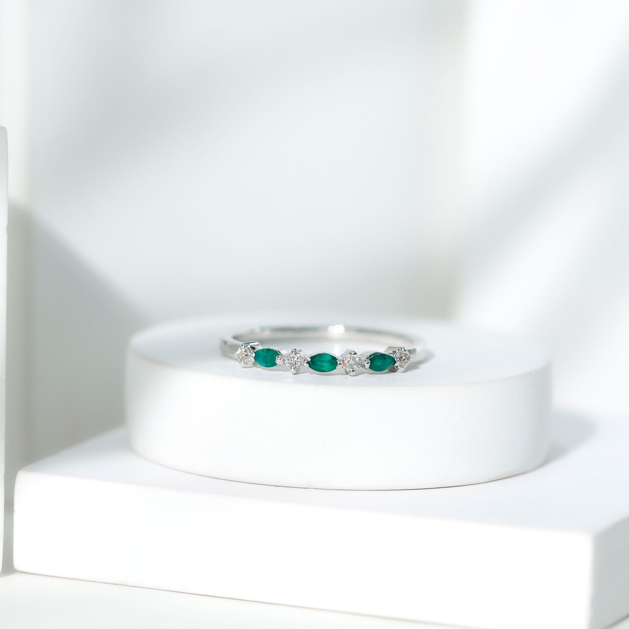 Genuine Emerald and Diamond Minimalist Half Eternity Ring AAA - Rosec Jewels