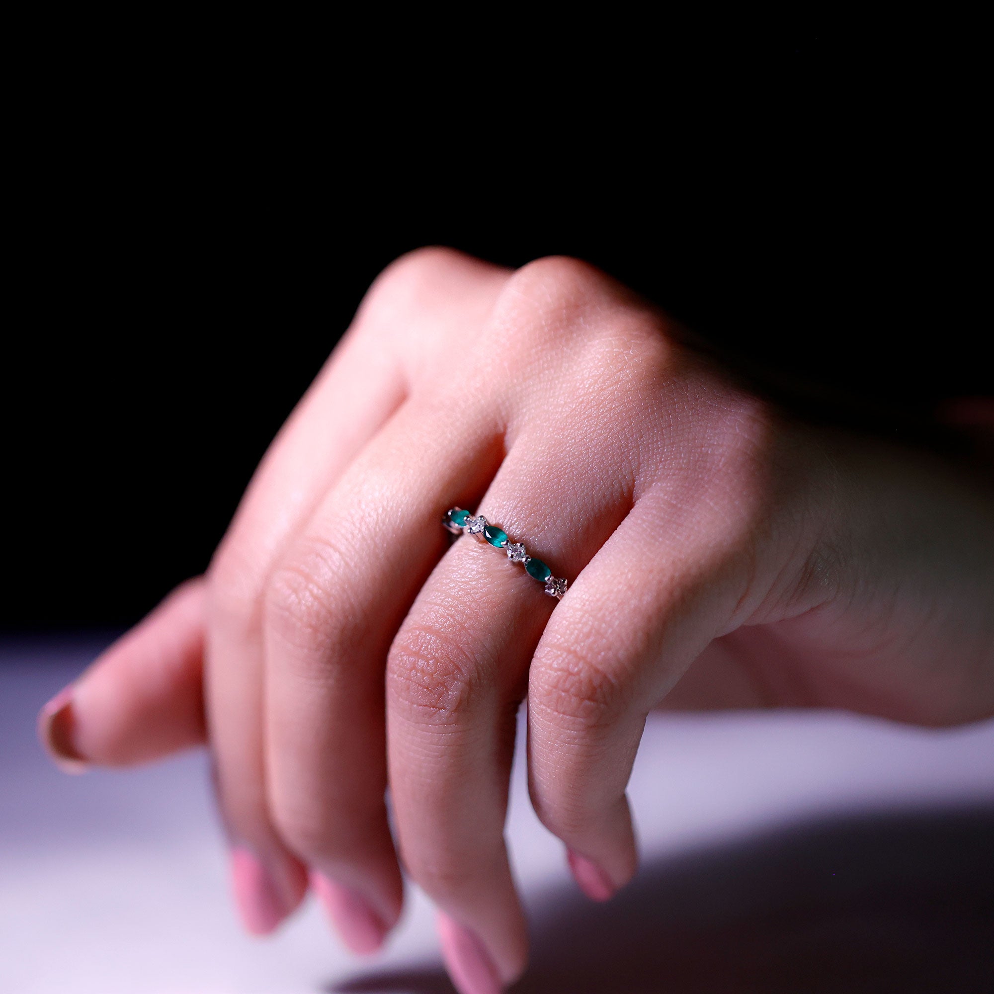 Genuine Emerald and Diamond Minimalist Half Eternity Ring AAA - Rosec Jewels