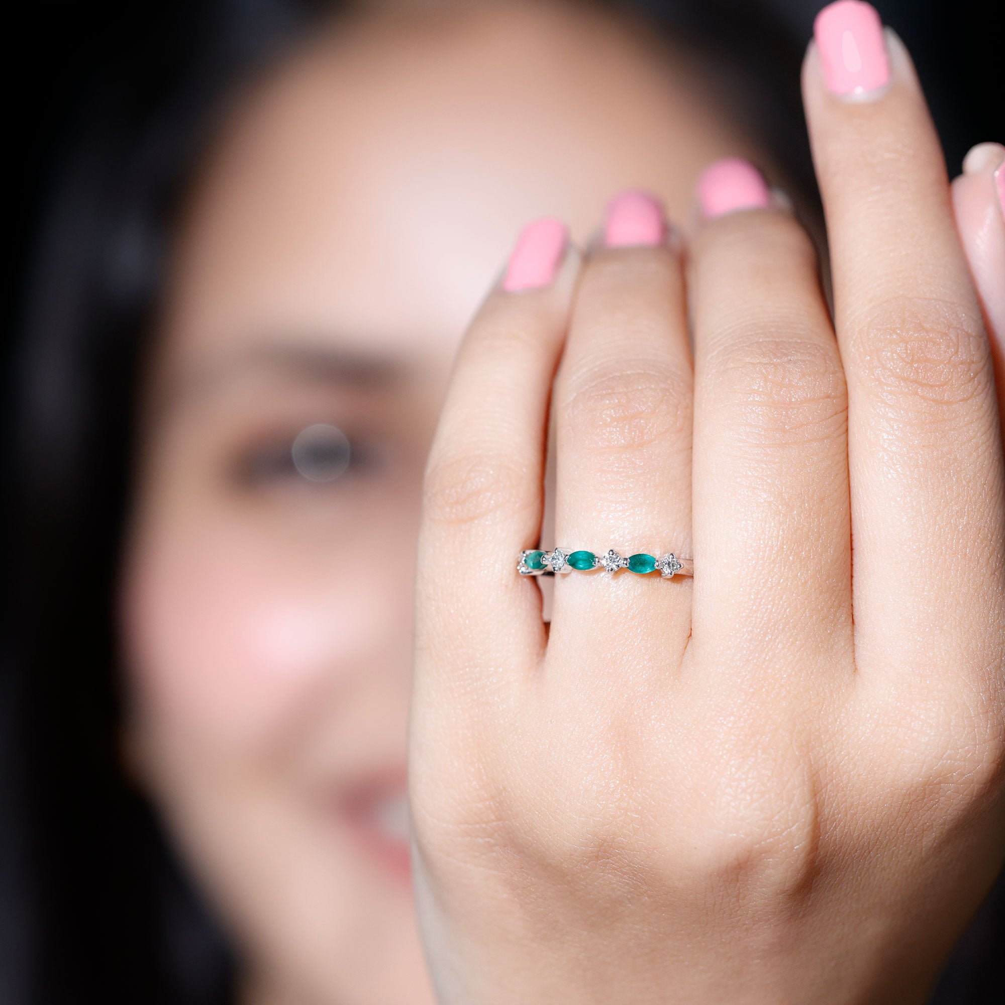Genuine Emerald and Diamond Minimalist Half Eternity Ring AAA - Rosec Jewels