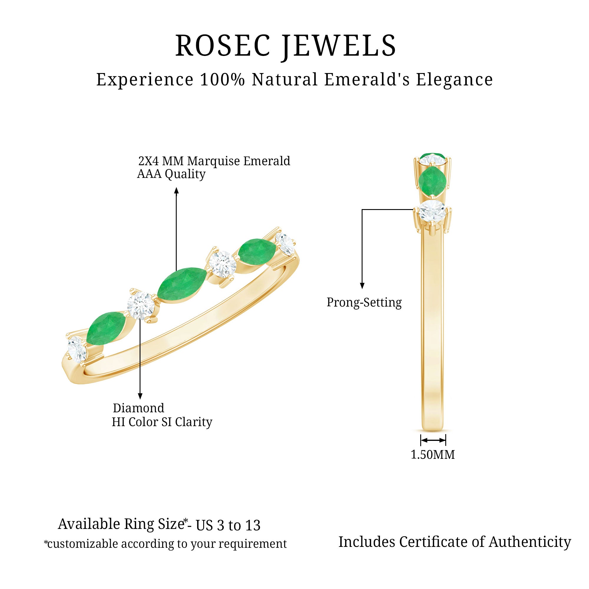 Genuine Emerald and Diamond Minimalist Half Eternity Ring AAA - Rosec Jewels