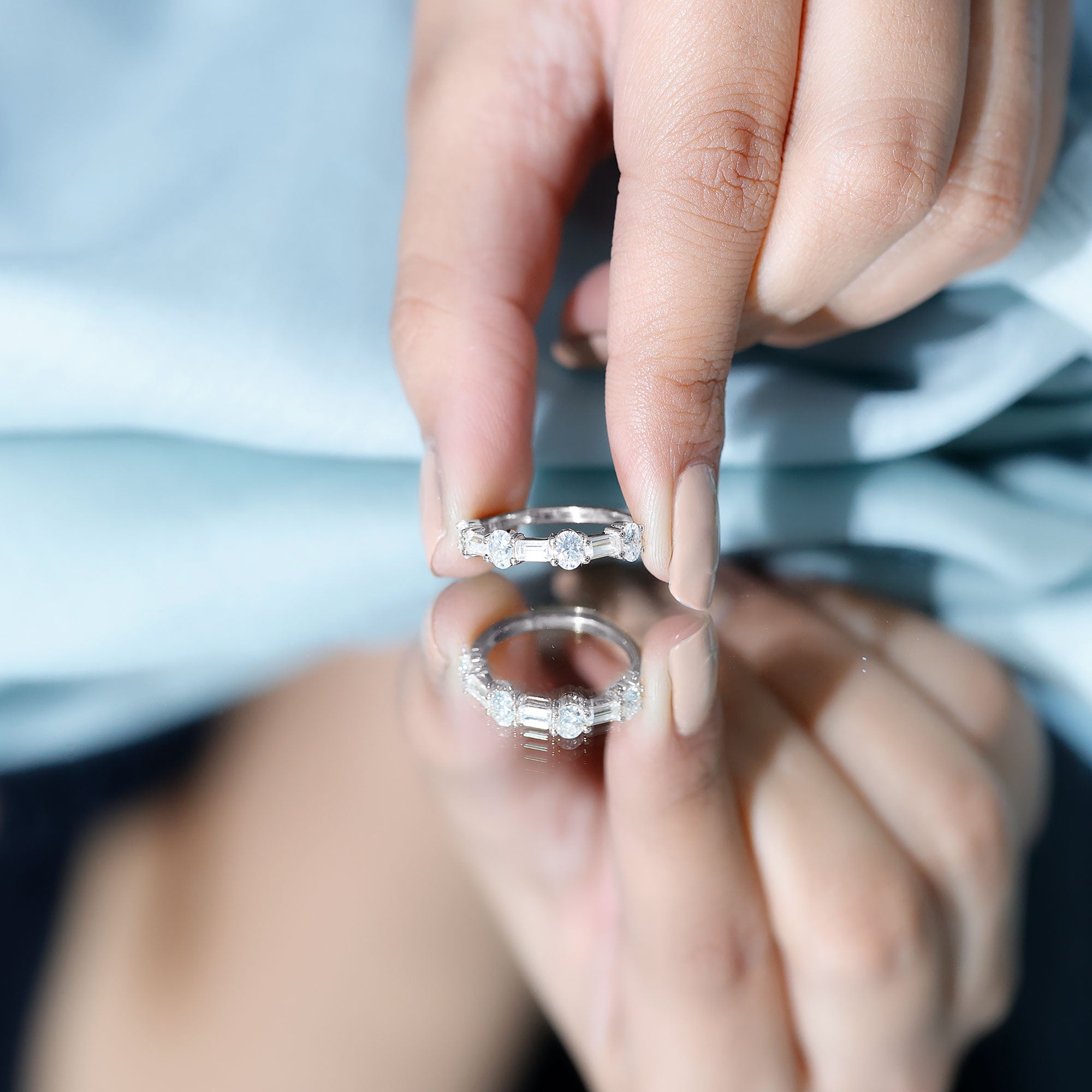 Oval and Baguette Cut Moissanite Half Eternity Ring D-VS1 - Rosec Jewels