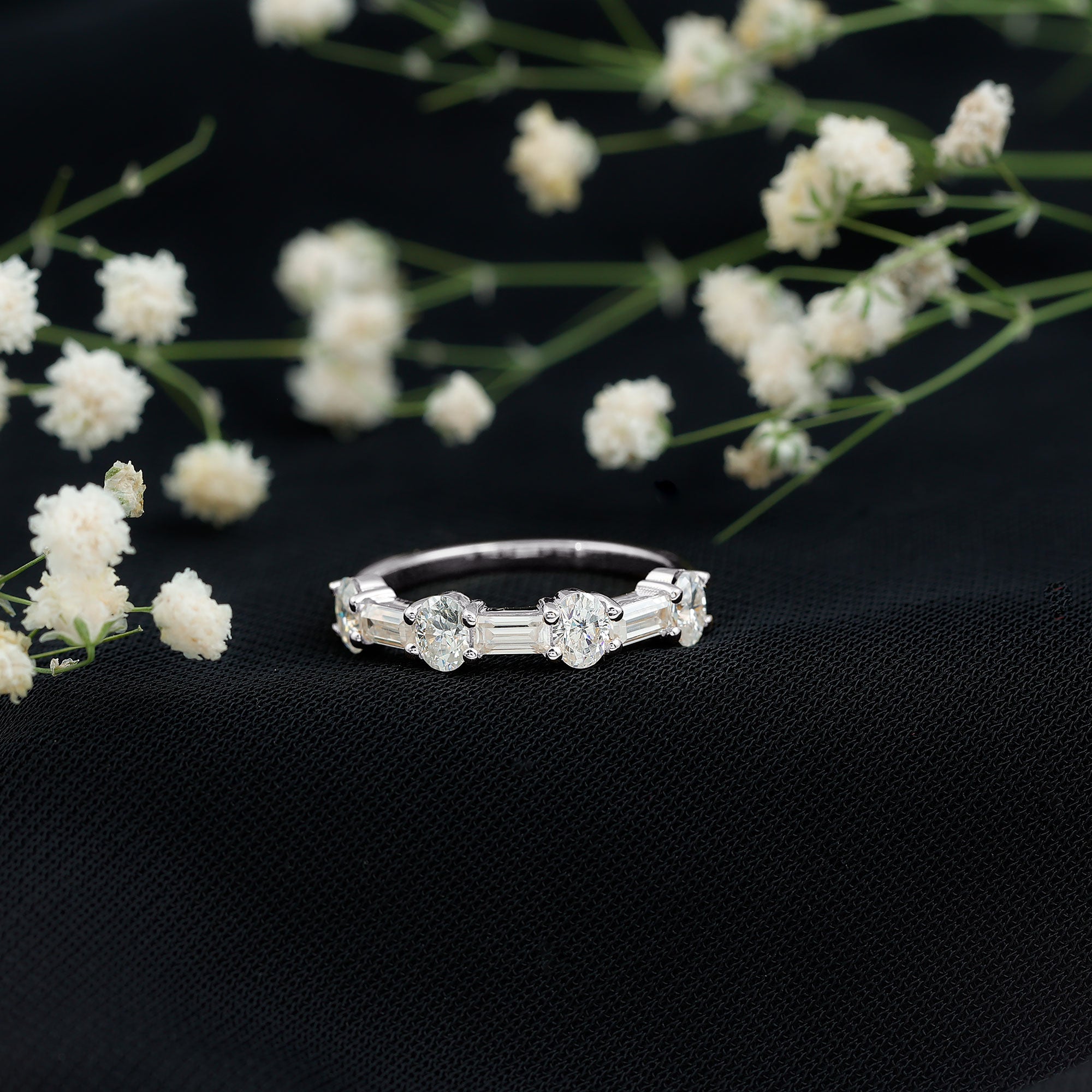 Oval and Baguette Cut Moissanite Half Eternity Ring D-VS1 - Rosec Jewels