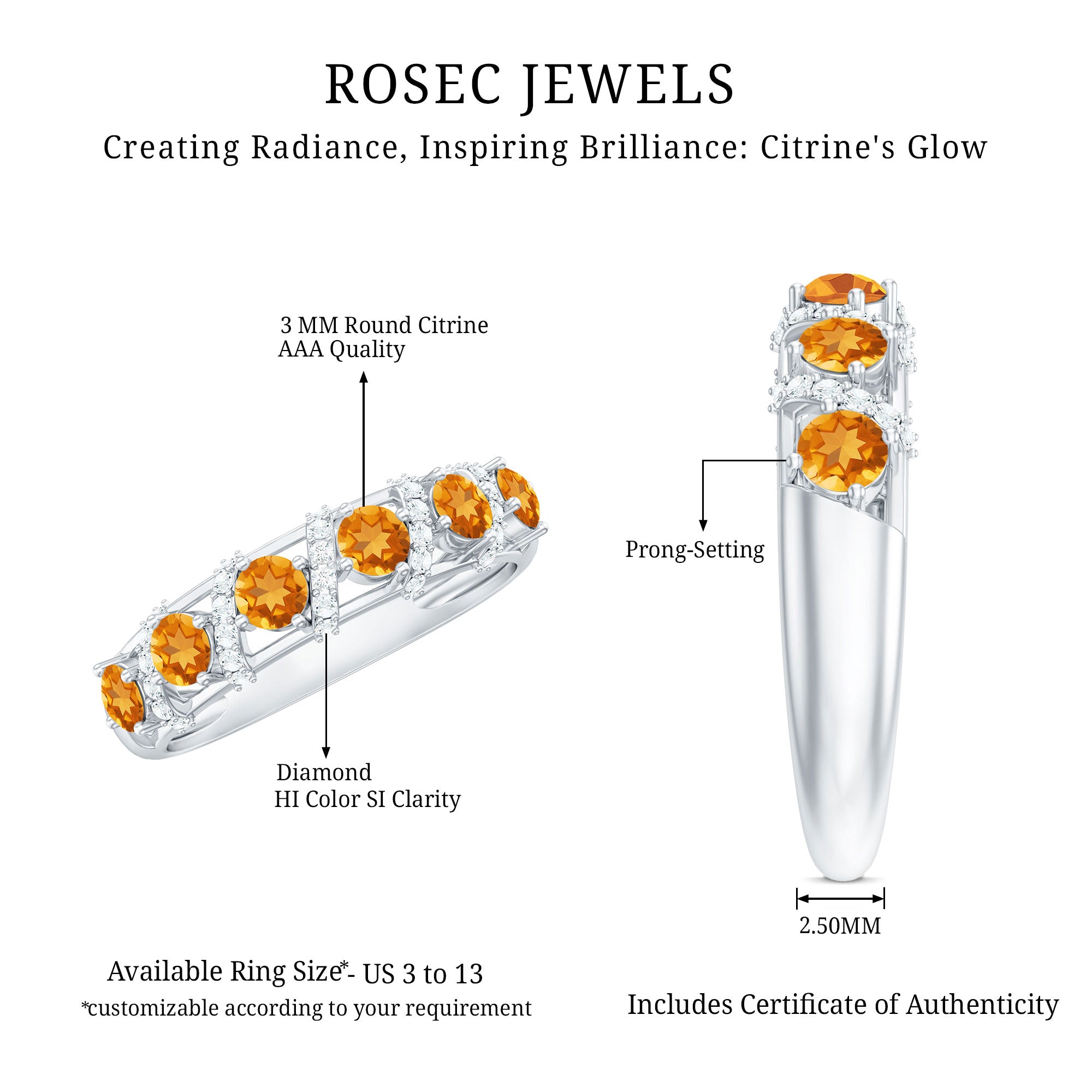 Natural Citrine Diamond Half Eternity Wedding Anniversary Ring AAA - Rosec Jewels