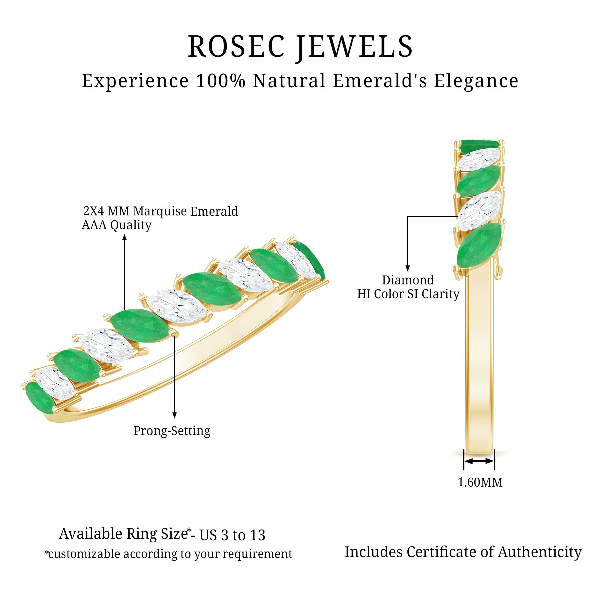 Genuine Marquise Emerald Diamond Half Eternity Ring for Wedding AAA - Rosec Jewels