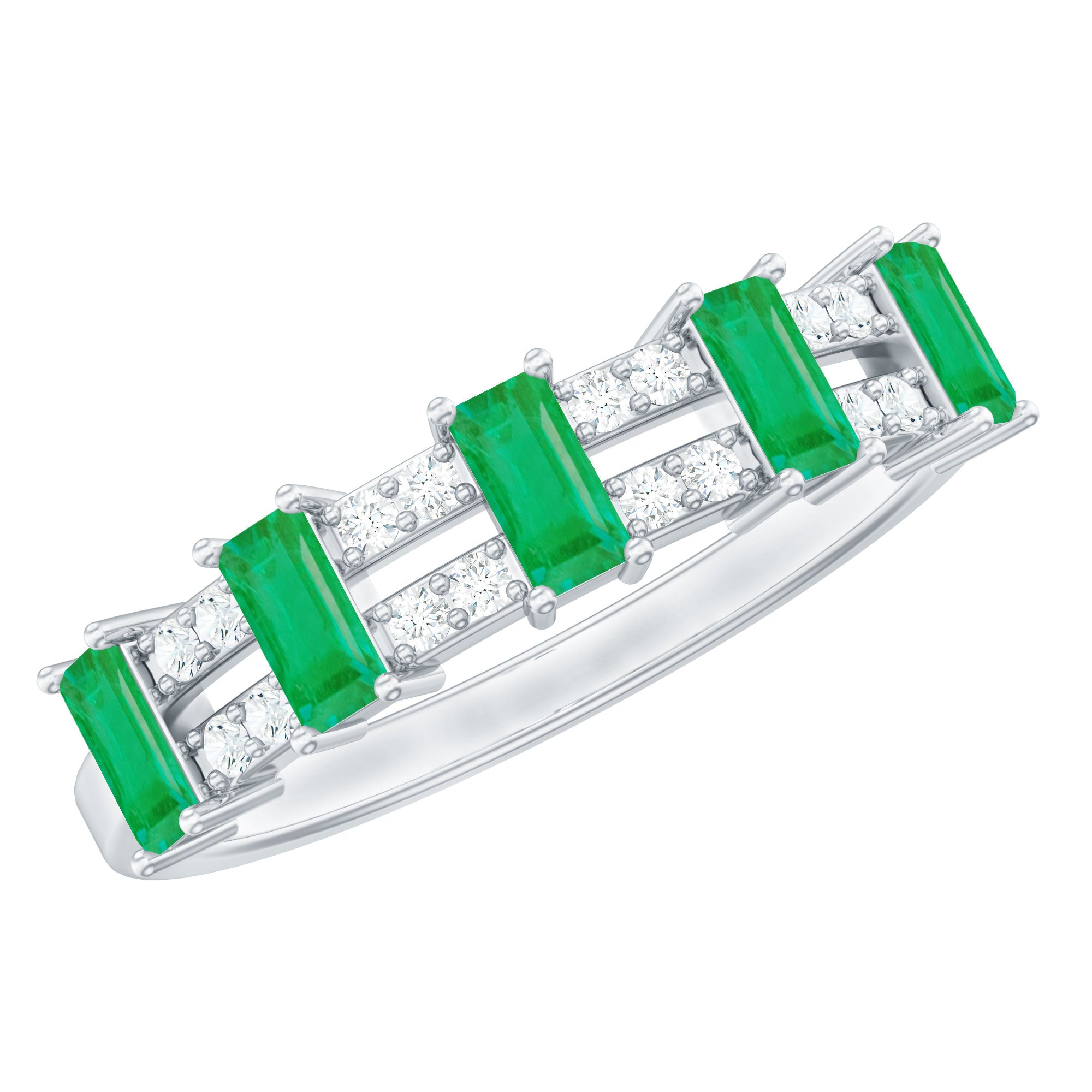 Baguette Cut Emerald and Diamond Half Eternity Band