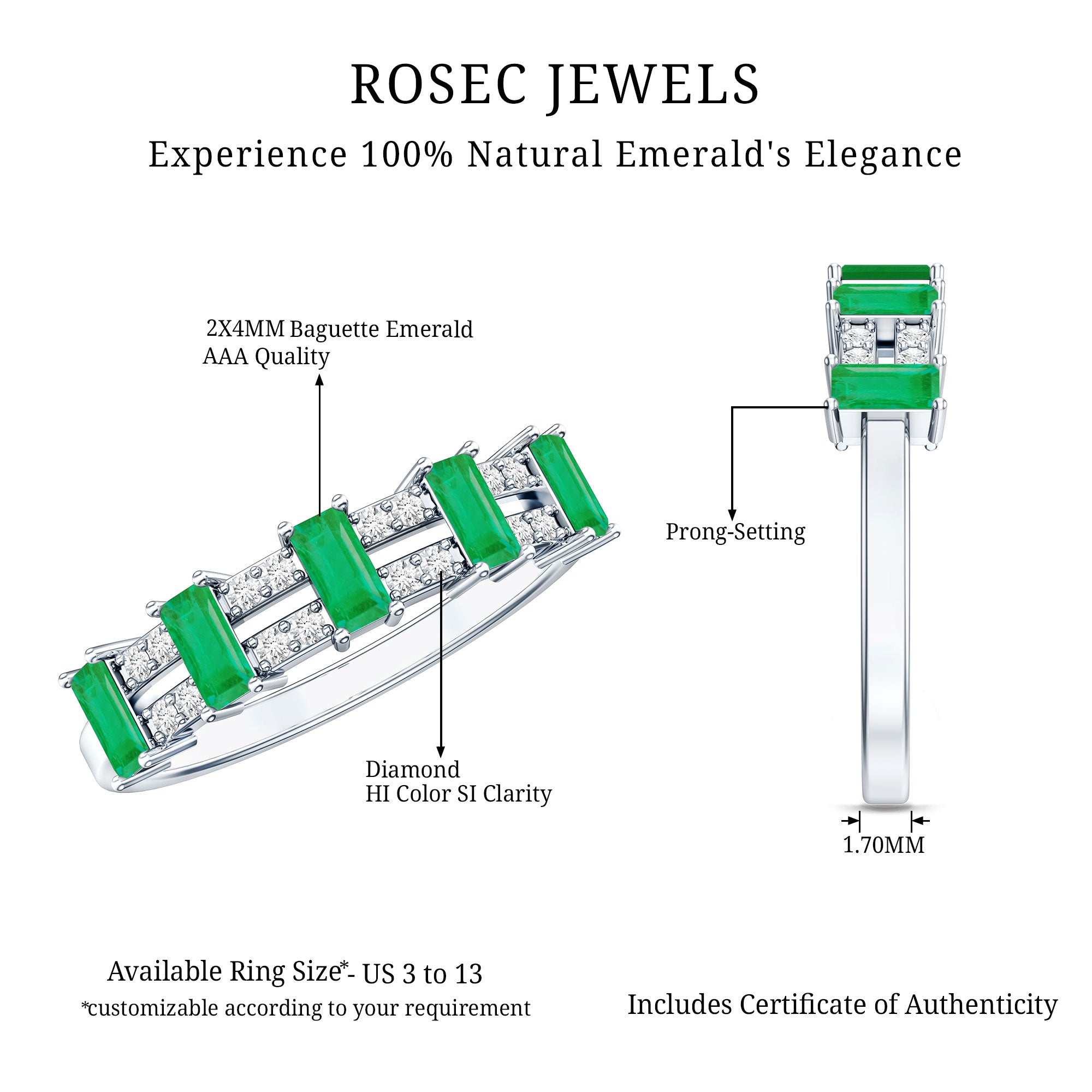 Baguette Cut Emerald and Diamond Half Eternity Band AAA - Rosec Jewels