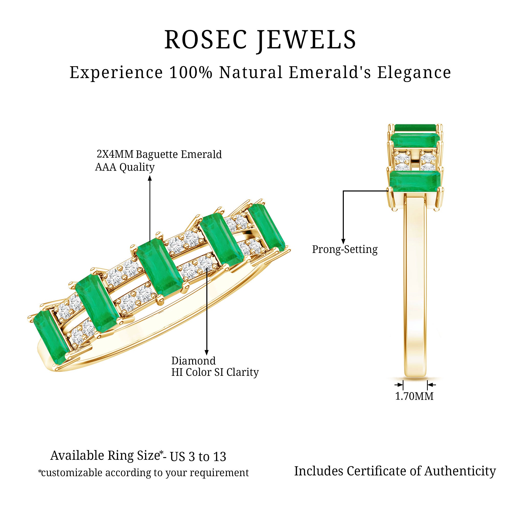 Baguette Cut Emerald and Diamond Half Eternity Band AAA - Rosec Jewels