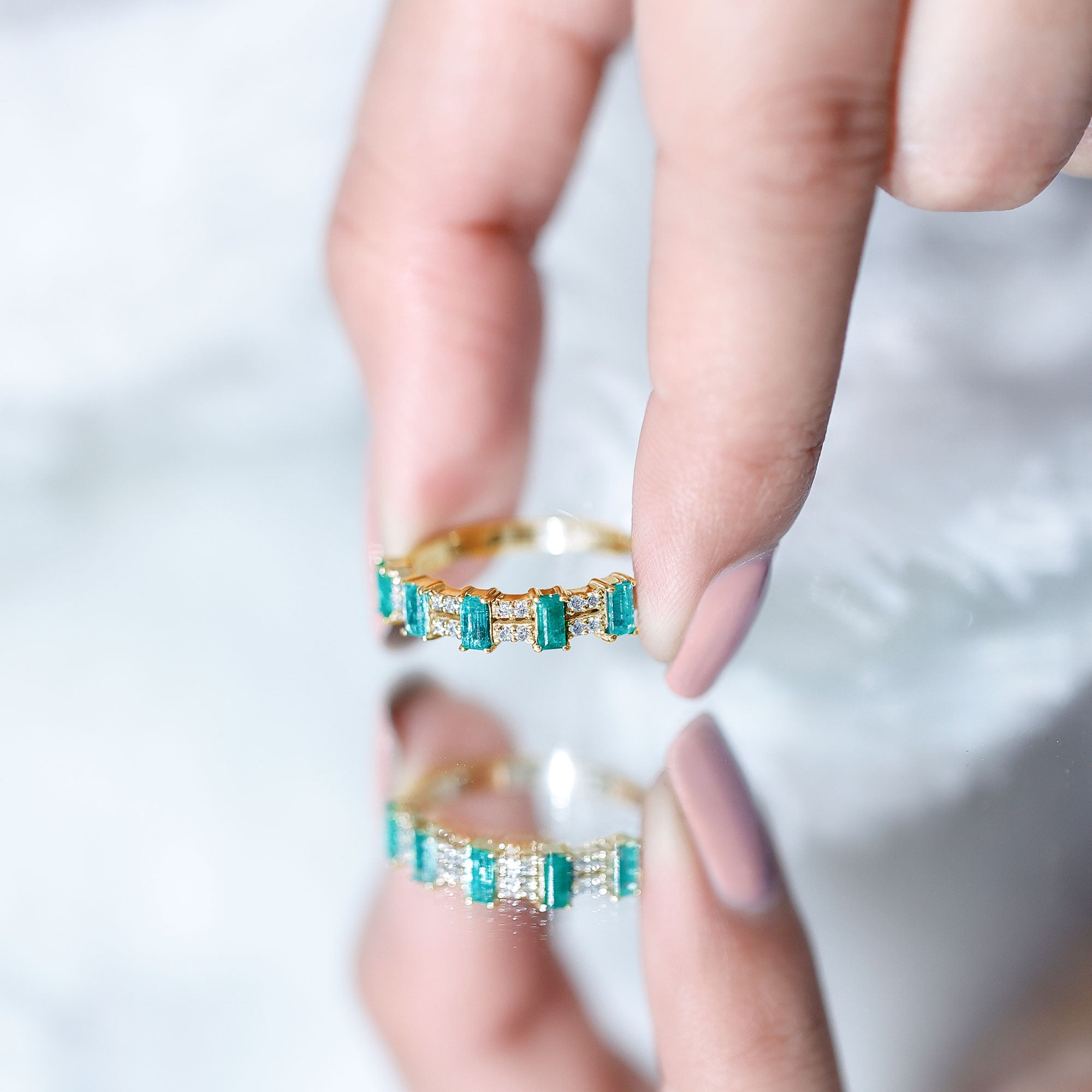 Baguette Cut Emerald and Diamond Half Eternity Band AAA - Rosec Jewels