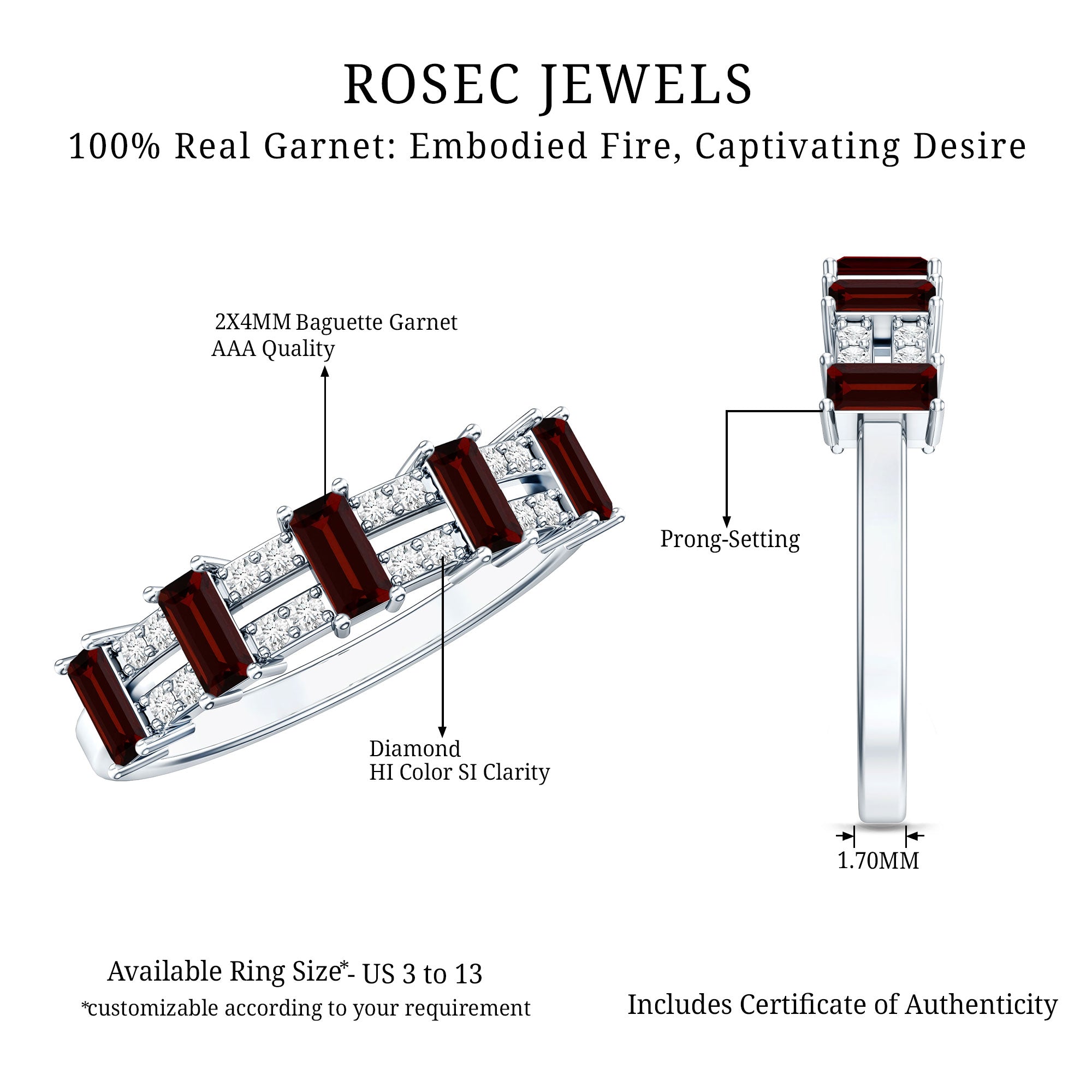 Natural Baguette Garnet Half Eternity Band with Diamond AAA - Rosec Jewels