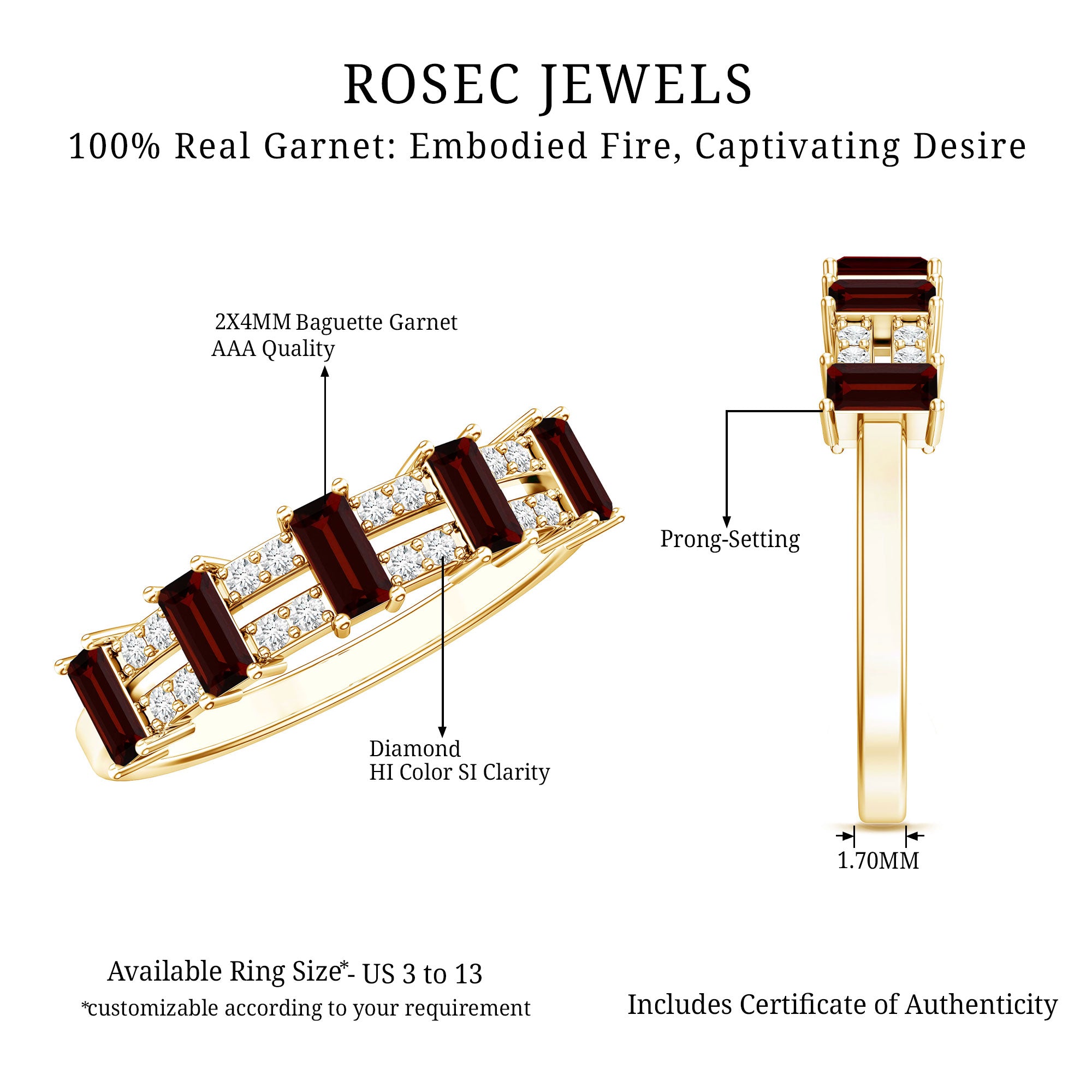 Natural Baguette Garnet Half Eternity Band with Diamond AAA - Rosec Jewels