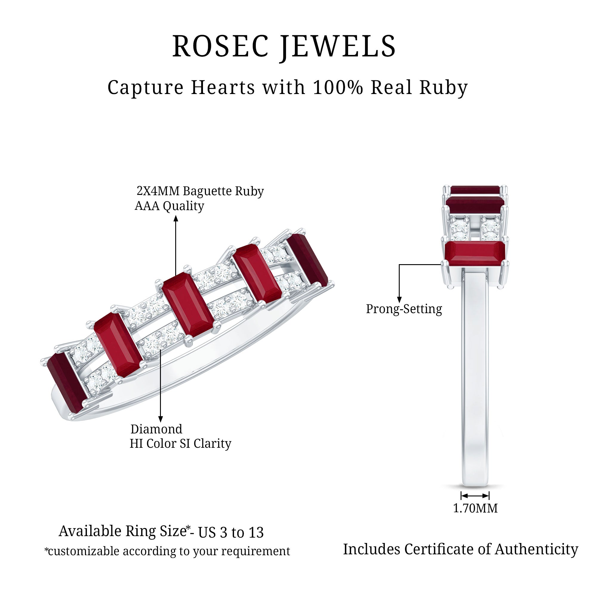 Real Baguette Ruby Half Eternity Band Ring with Diamond AAA - Rosec Jewels