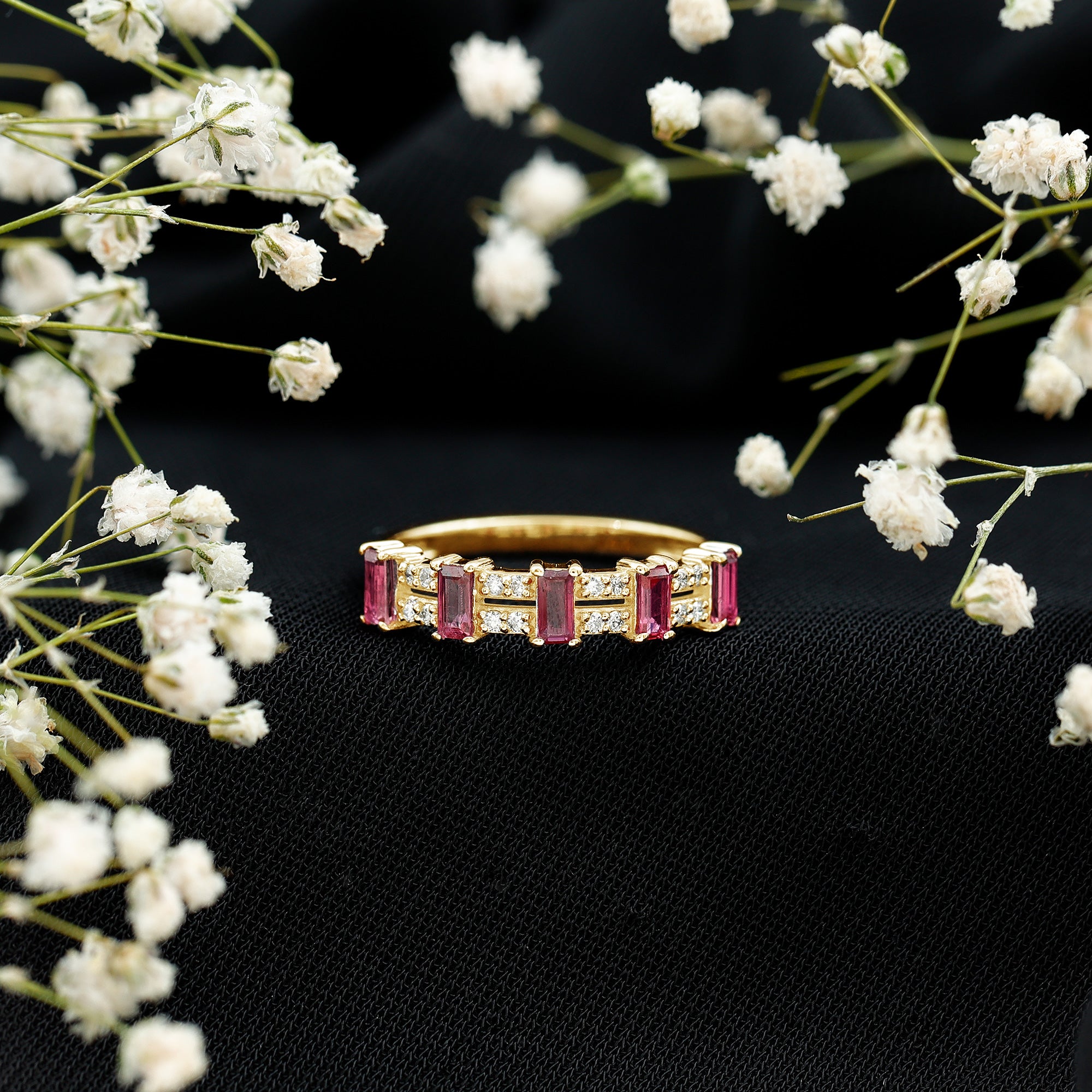 Real Baguette Ruby Half Eternity Band Ring with Diamond AAA - Rosec Jewels