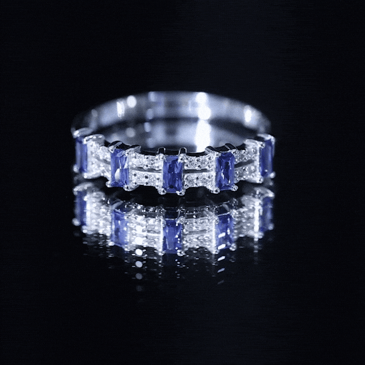 Certified Baguette Lab Grown Blue Sapphire Half Eternity Band Ring with Diamond AAAA - Rosec Jewels