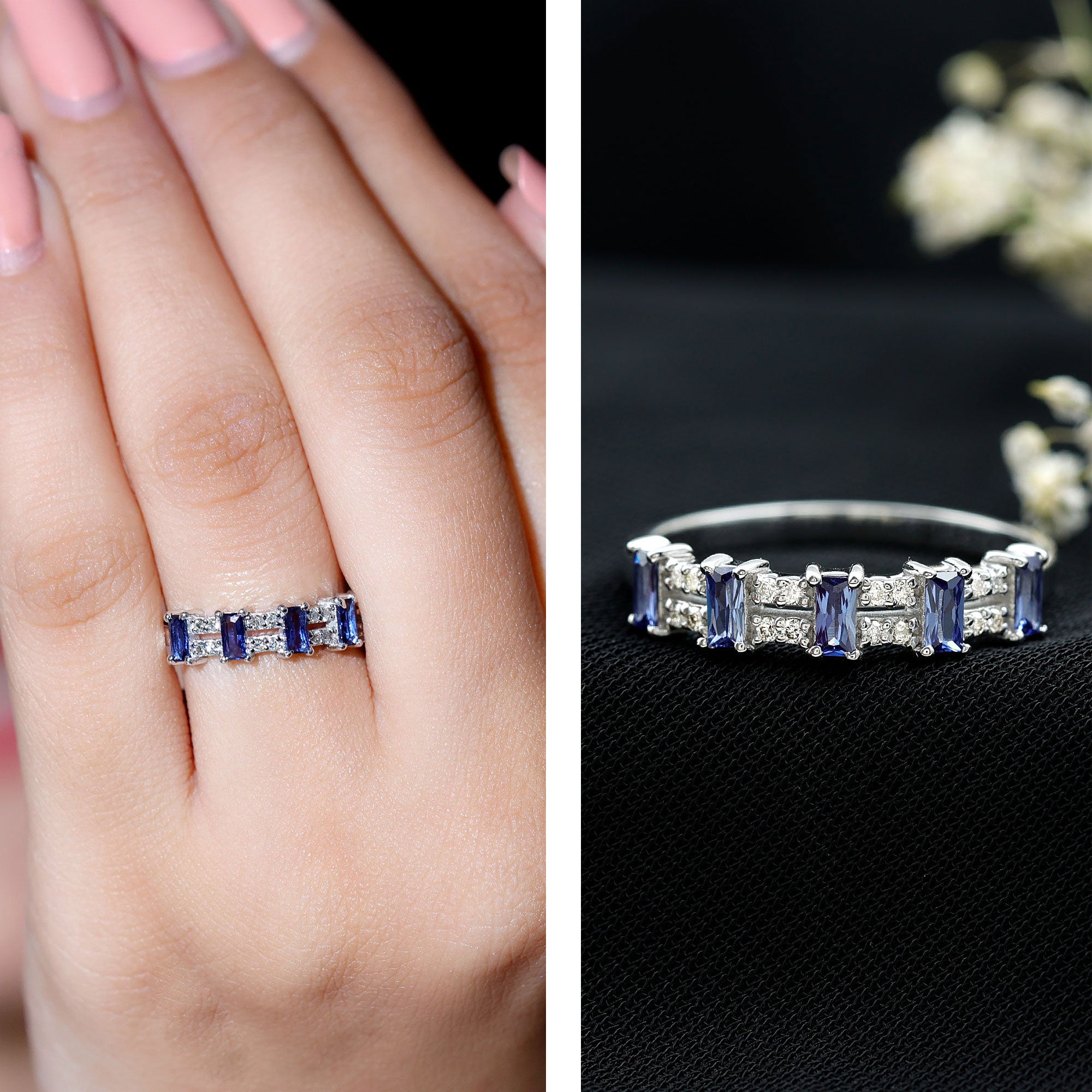 Certified Baguette Lab Grown Blue Sapphire Half Eternity Band Ring with Diamond AAAA - Rosec Jewels