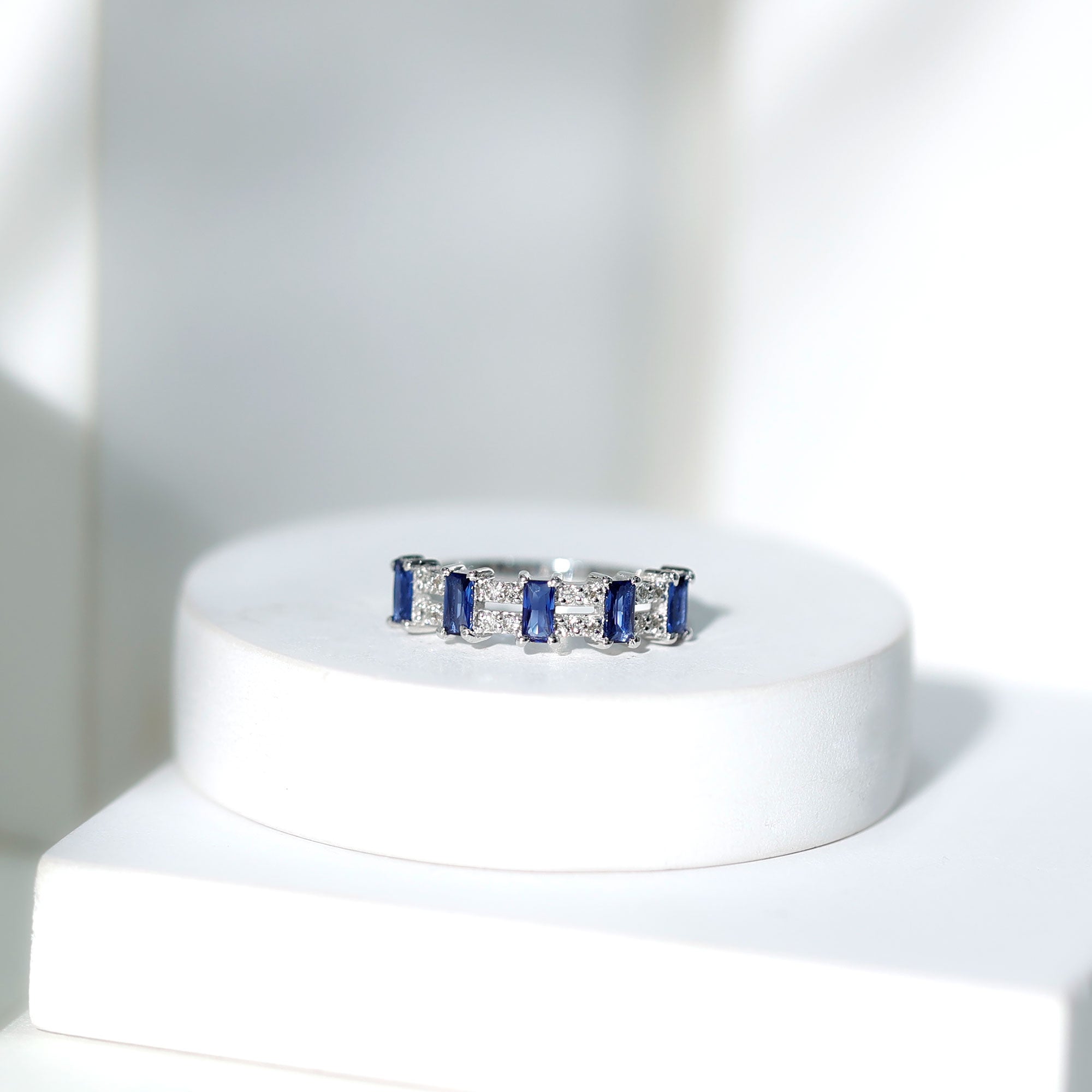 Certified Baguette Lab Grown Blue Sapphire Half Eternity Band Ring with Diamond AAAA - Rosec Jewels