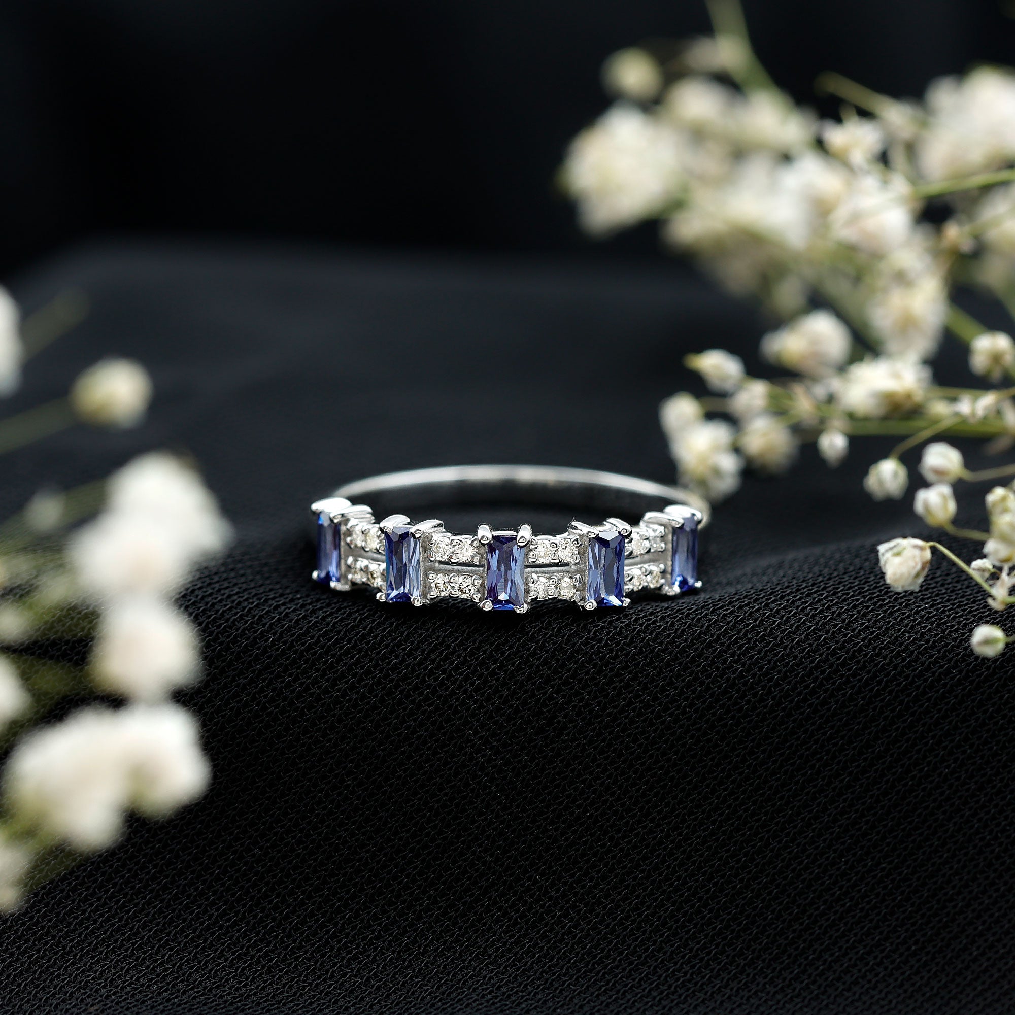 Certified Baguette Lab Grown Blue Sapphire Half Eternity Band Ring with Diamond AAAA - Rosec Jewels