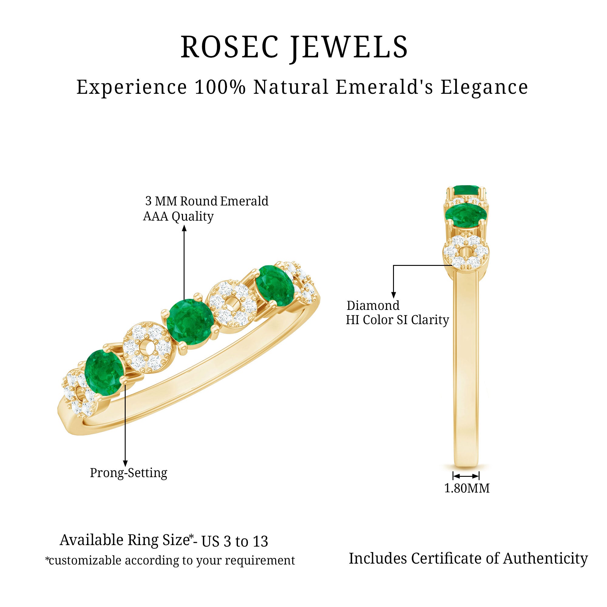 Natural Emerald Diamond Half Eternity Anniversary Ring with Certificate AAA - Rosec Jewels