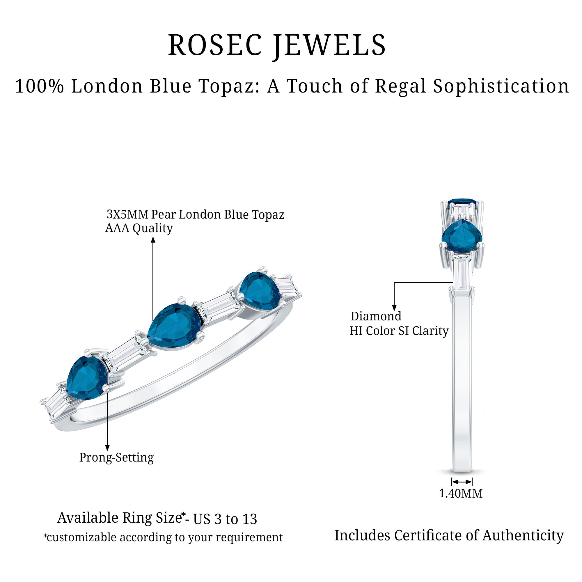 Pear Shape London Blue Topaz Eternity Band with Baguette Diamonds AAA - Rosec Jewels