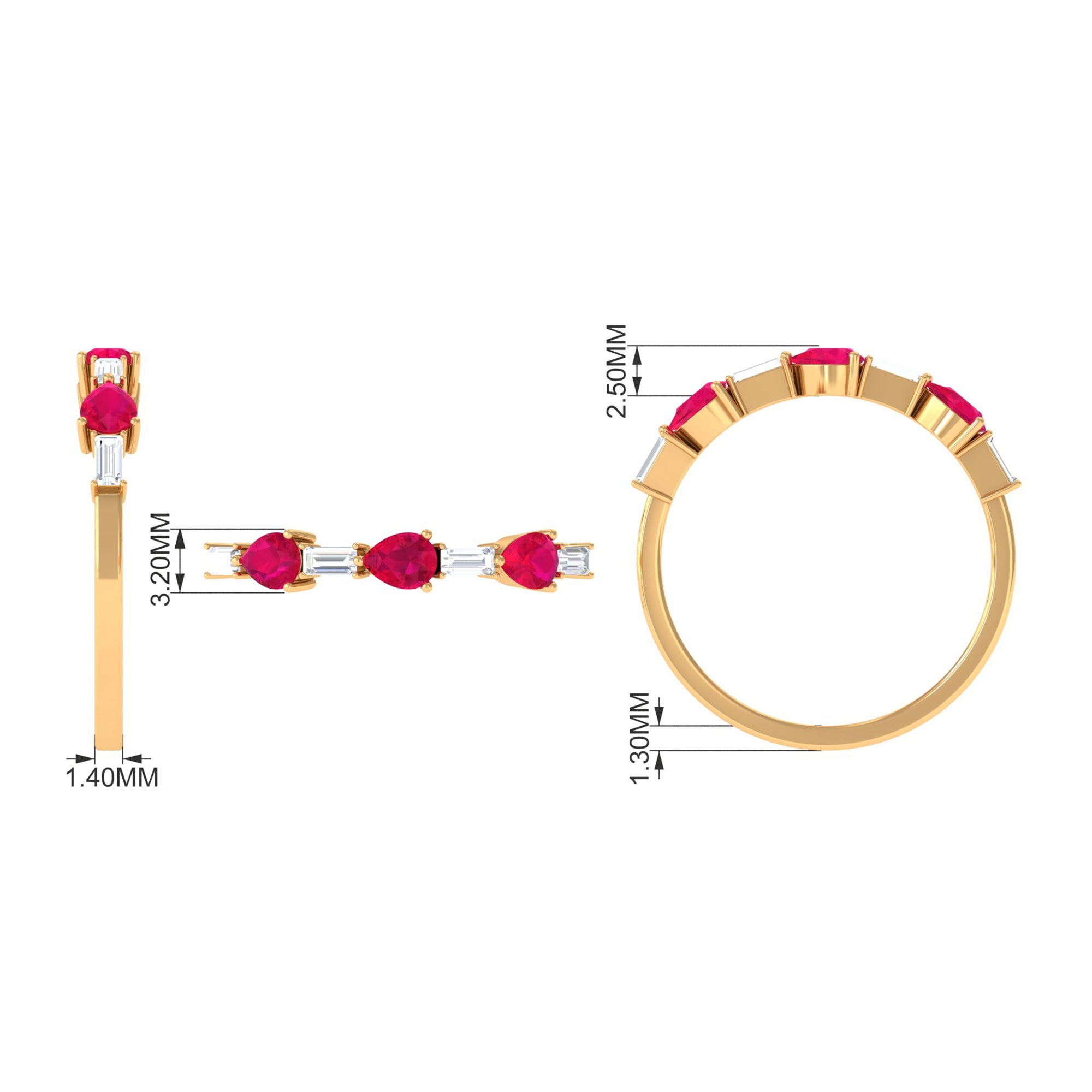 East West Style Pear Shape Ruby Half Eternity Ring with Baguette Diamond AAA - Rosec Jewels