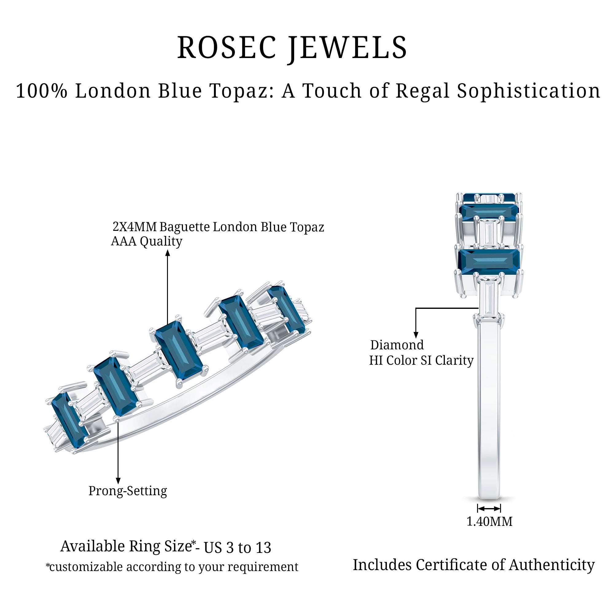 London Blue Topaz and Diamond Baguette Eternity Band Ring AAA - Rosec Jewels