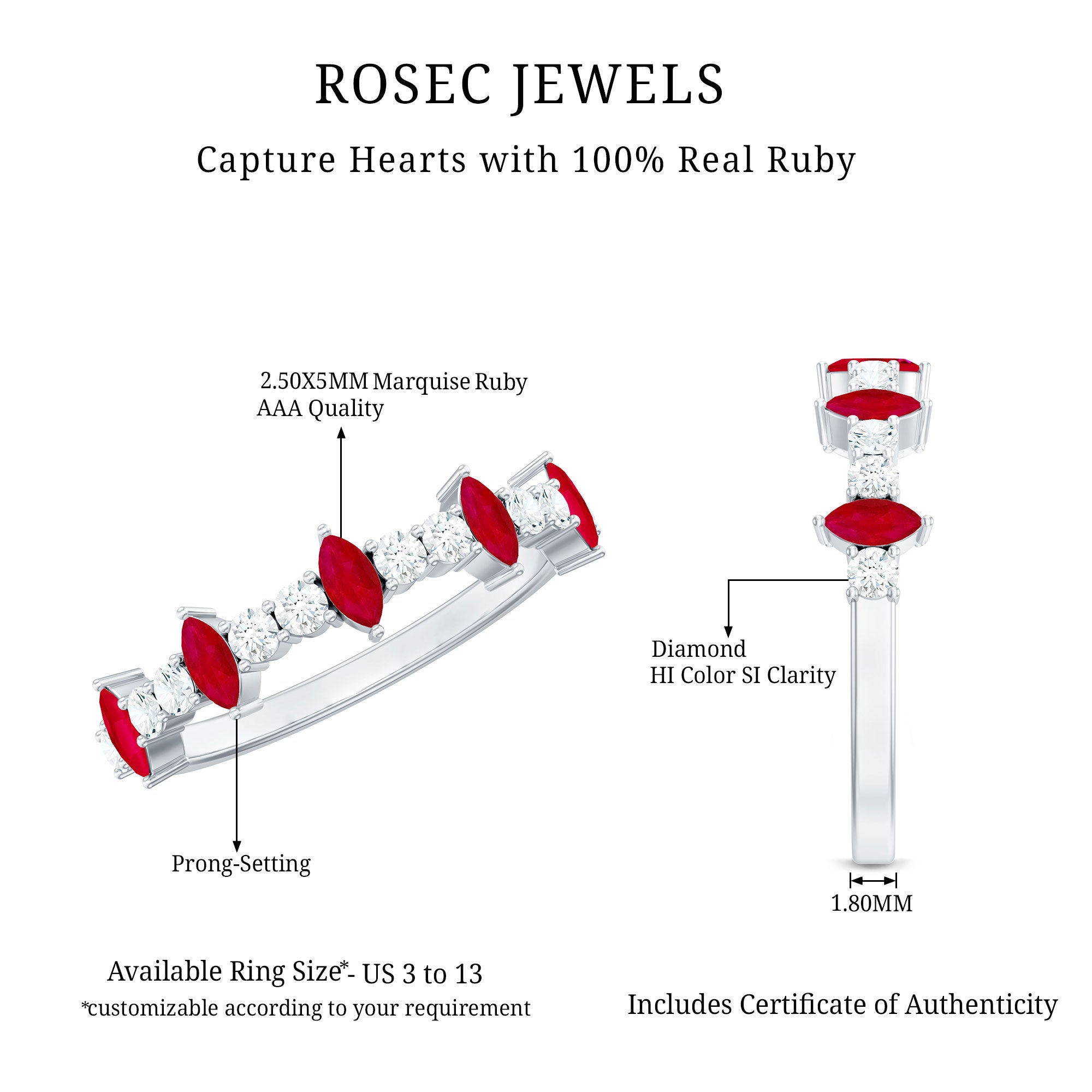 Natural Marquise Ruby Diamond Half Eternity Ring AAA - Rosec Jewels