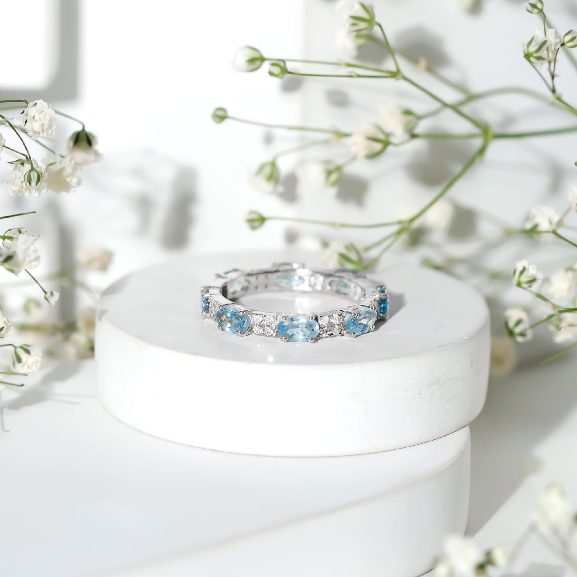 Real Aquamarine and Diamond Full Eternity Ring AAA - Rosec Jewels