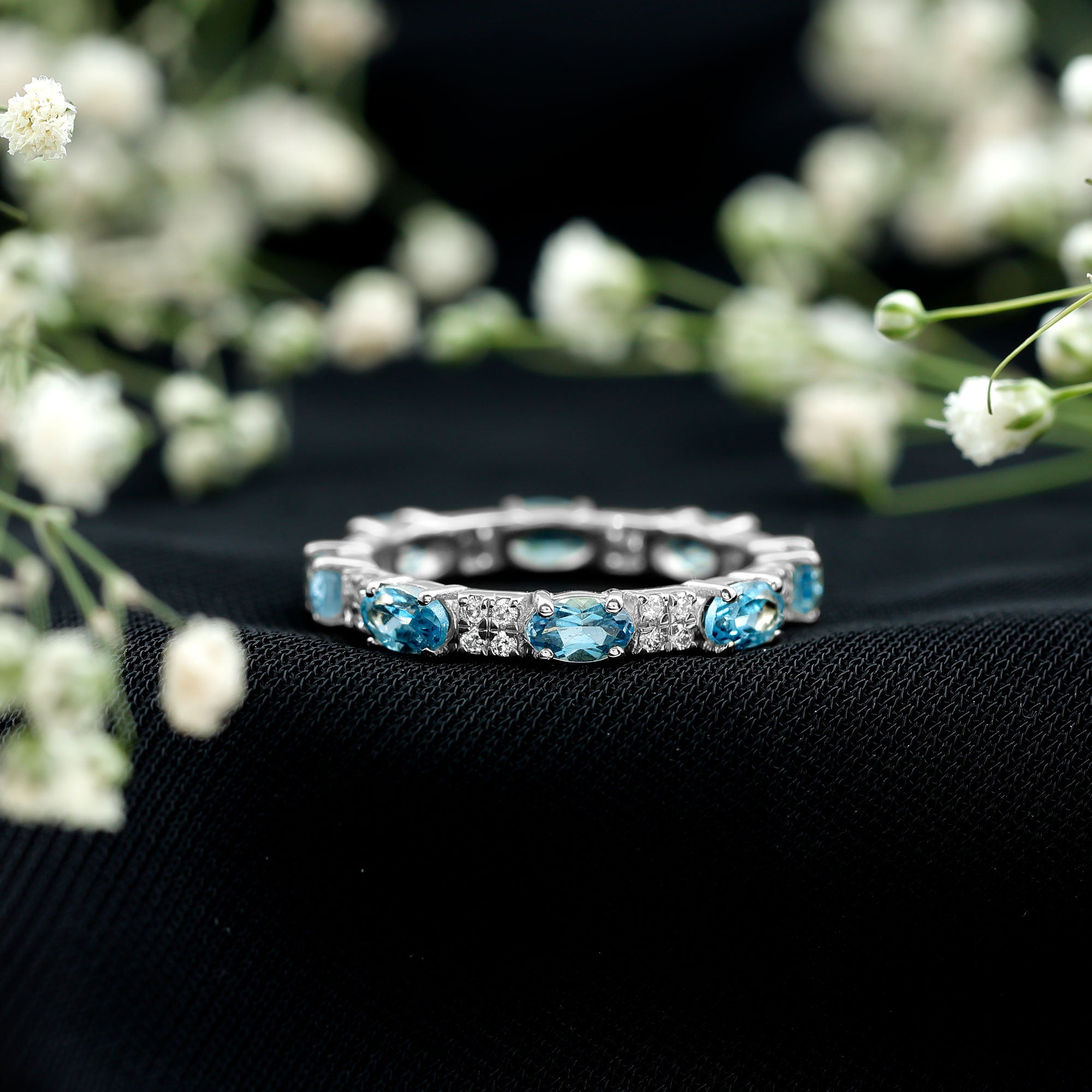 Real Aquamarine and Diamond Full Eternity Ring AAA - Rosec Jewels