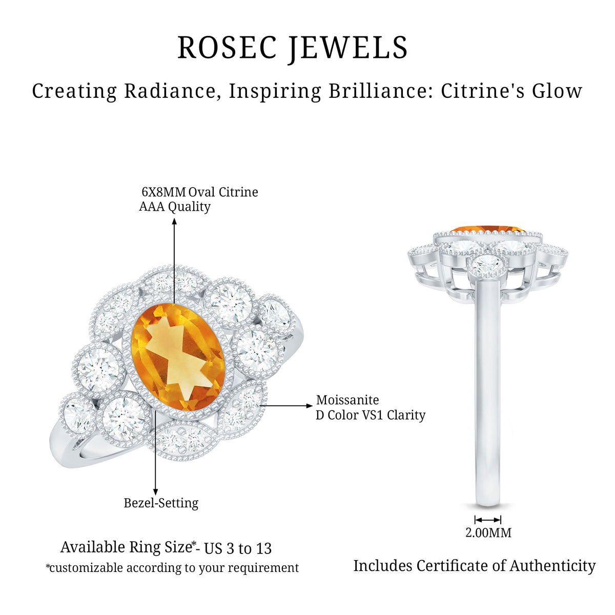 Vintage Looking Citrine Huge Engagement Ring with Moissanite AAA - Rosec Jewels