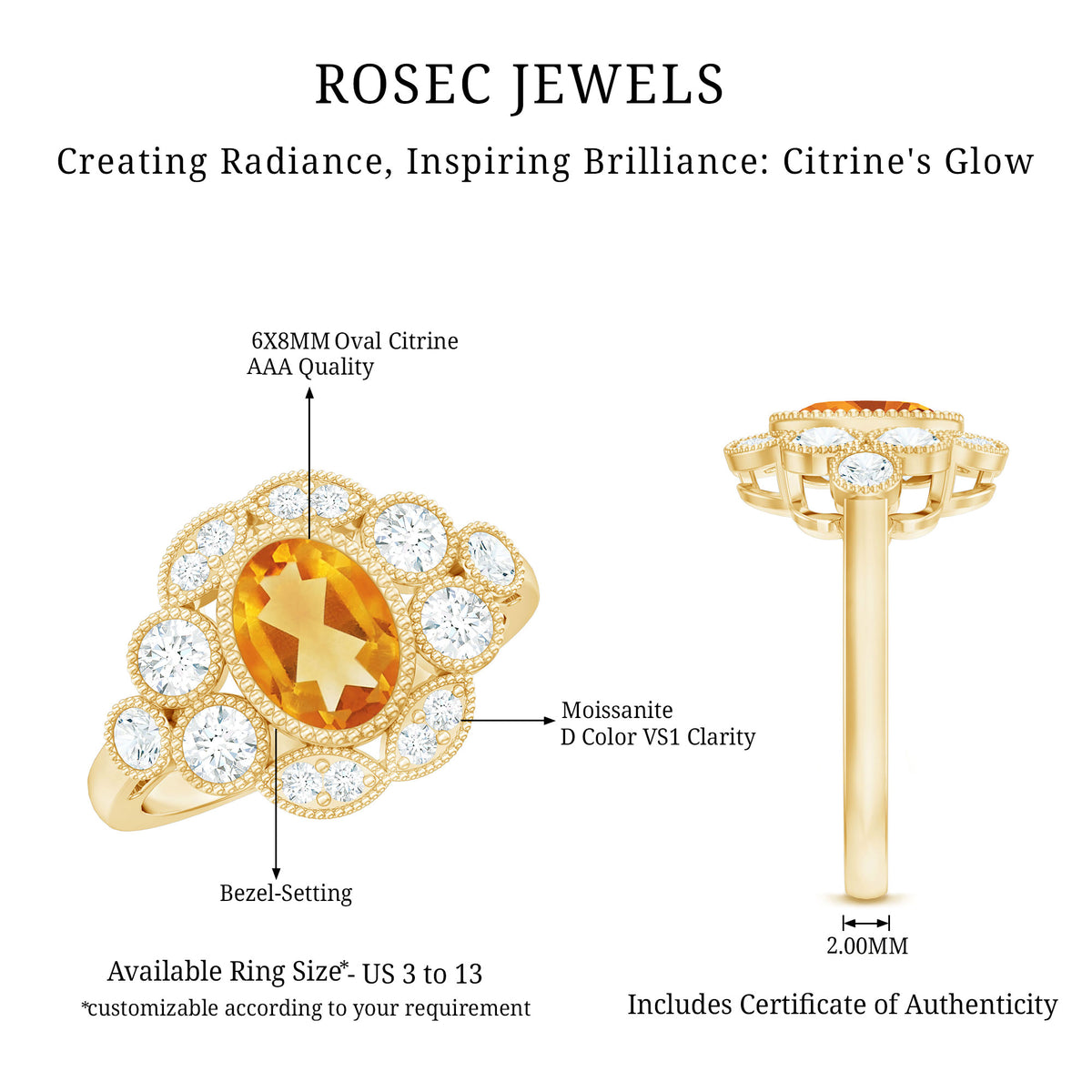 Vintage Looking Citrine Huge Engagement Ring with Moissanite AAA - Rosec Jewels