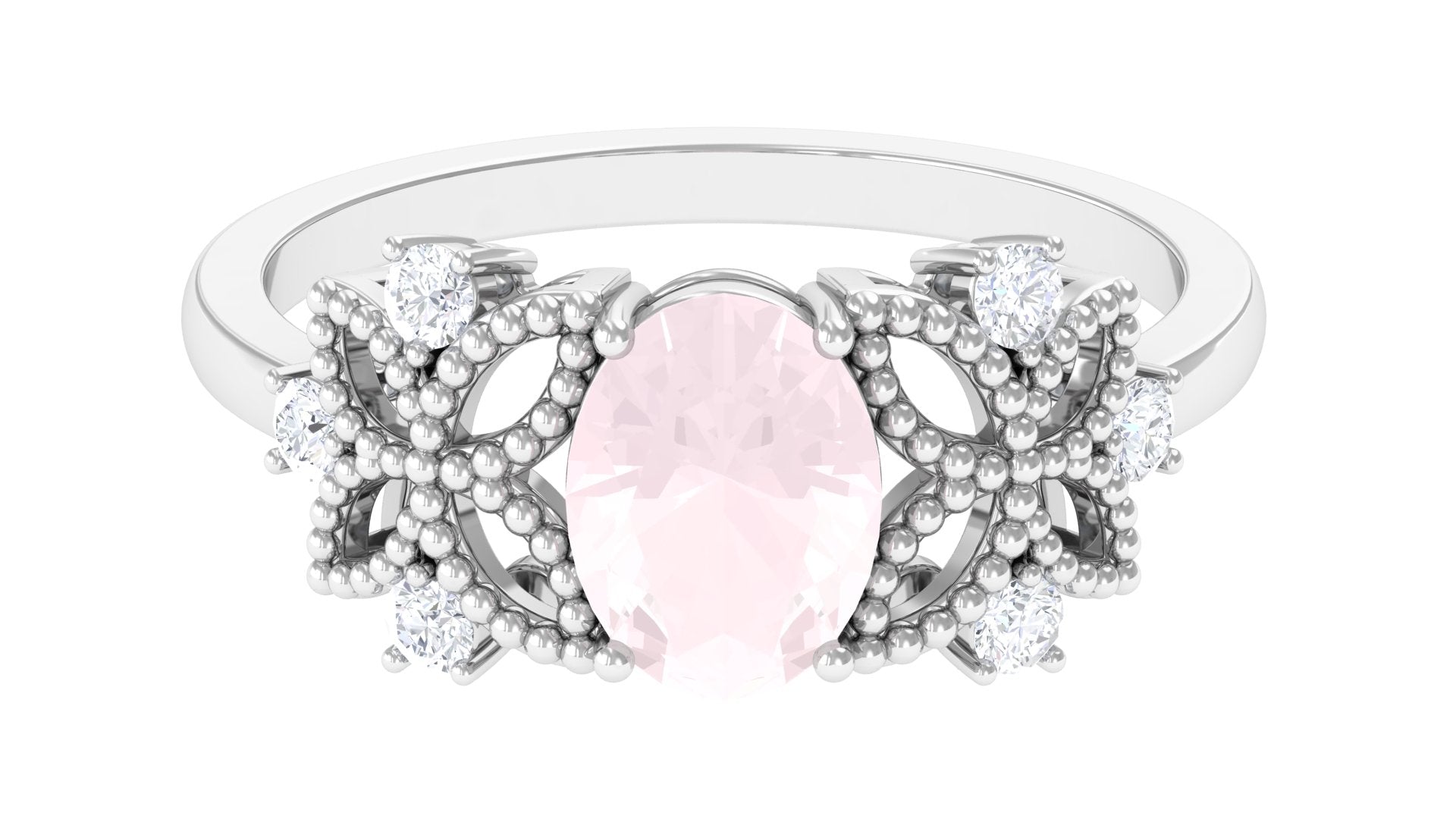 Oval Cut Rose Quartz Beaded Flower Engagement Ring with Diamond