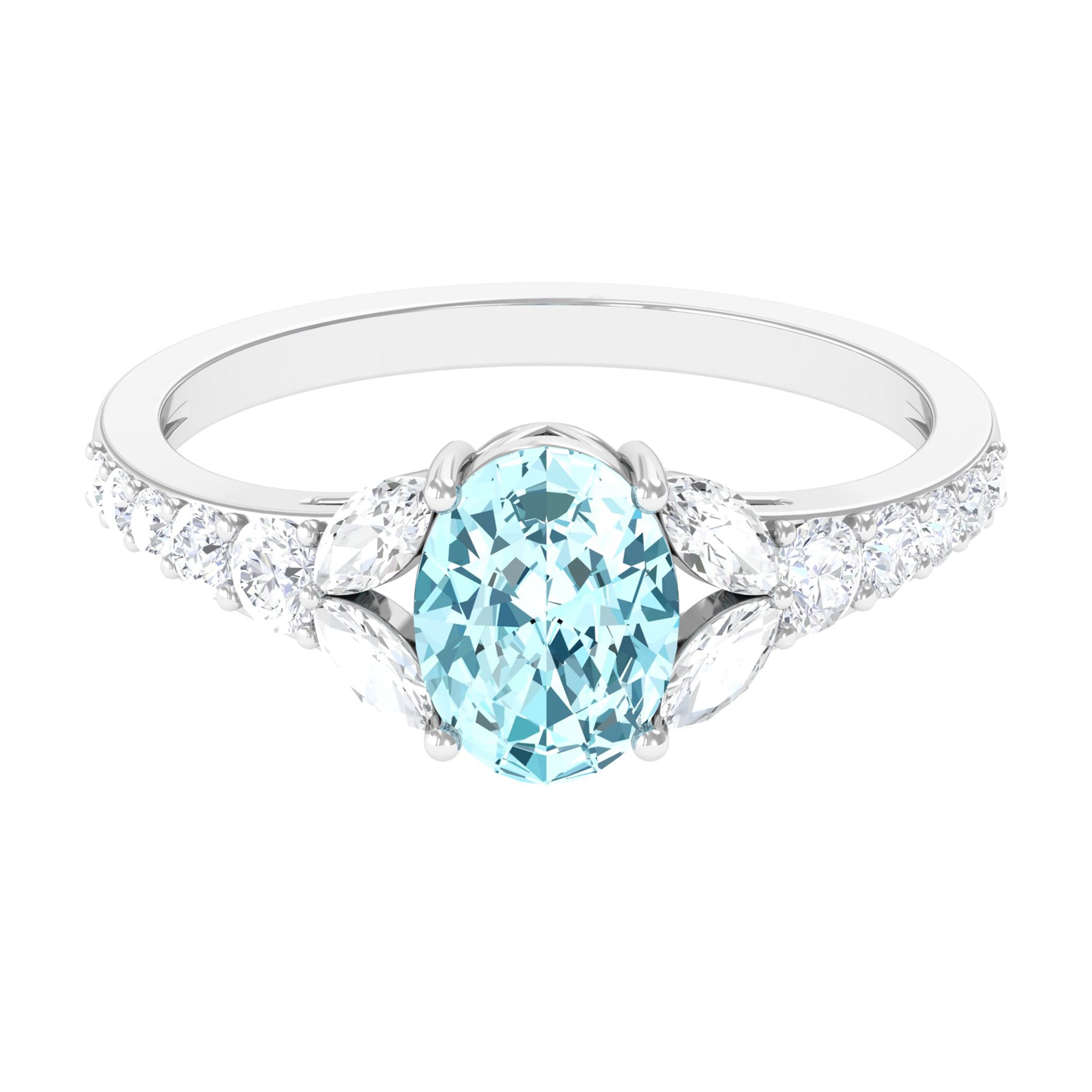 Split Shank Oval Aquamarine Solitaire Ring with Moissanite