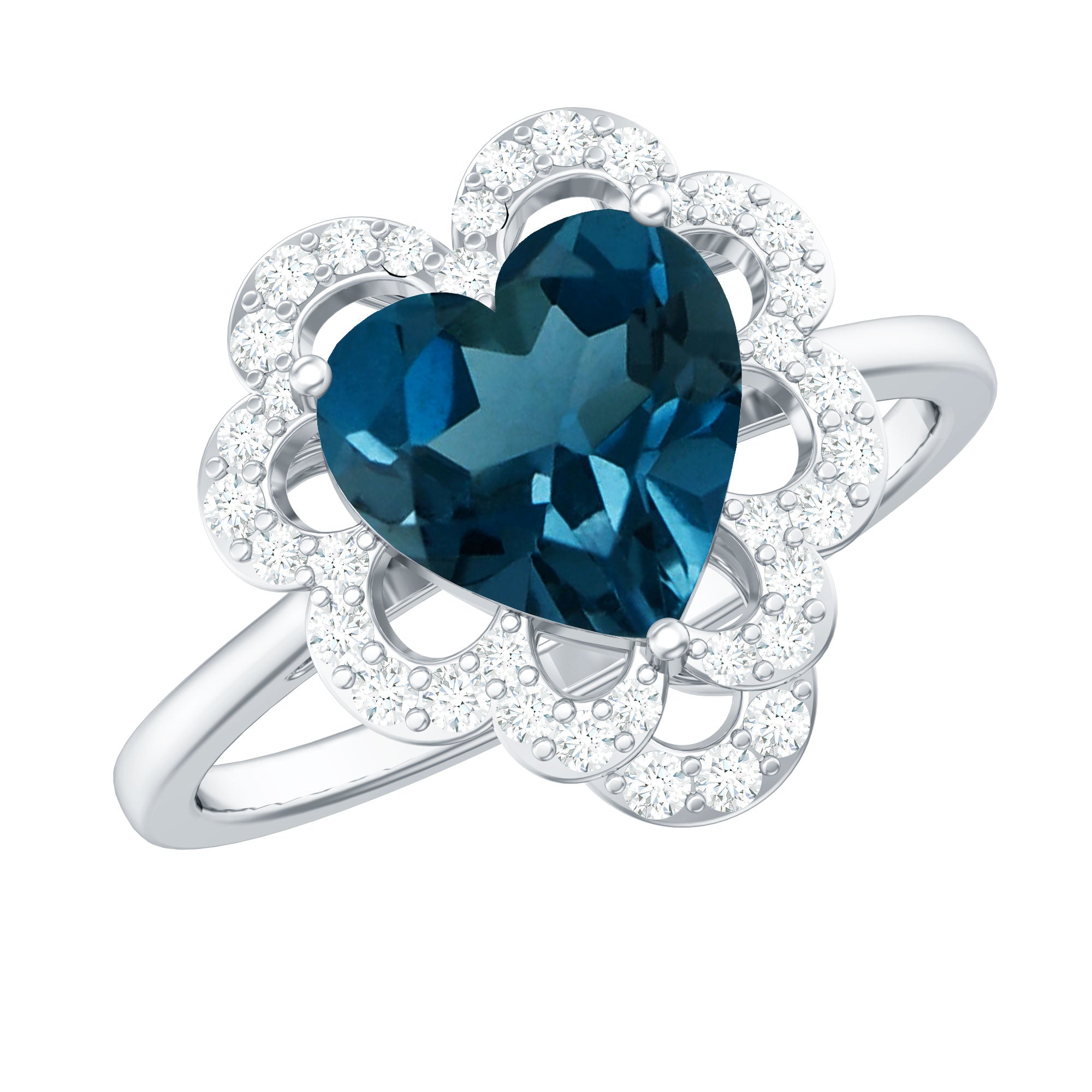8mm Heart Shape London Blue Topaz Designer Engagement Ring with Diamond Halo