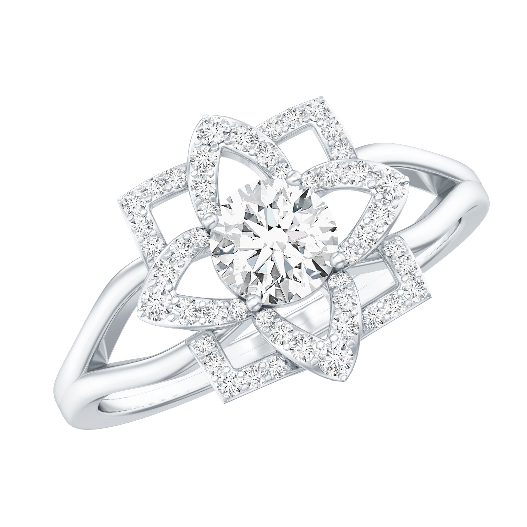 Certified Moissanite Floral Engagement Ring with Split Shank D-VS1 - Rosec Jewels