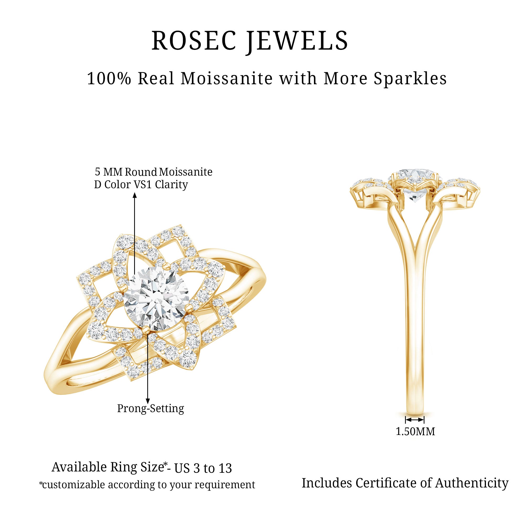 Certified Moissanite Floral Engagement Ring with Split Shank D-VS1 - Rosec Jewels