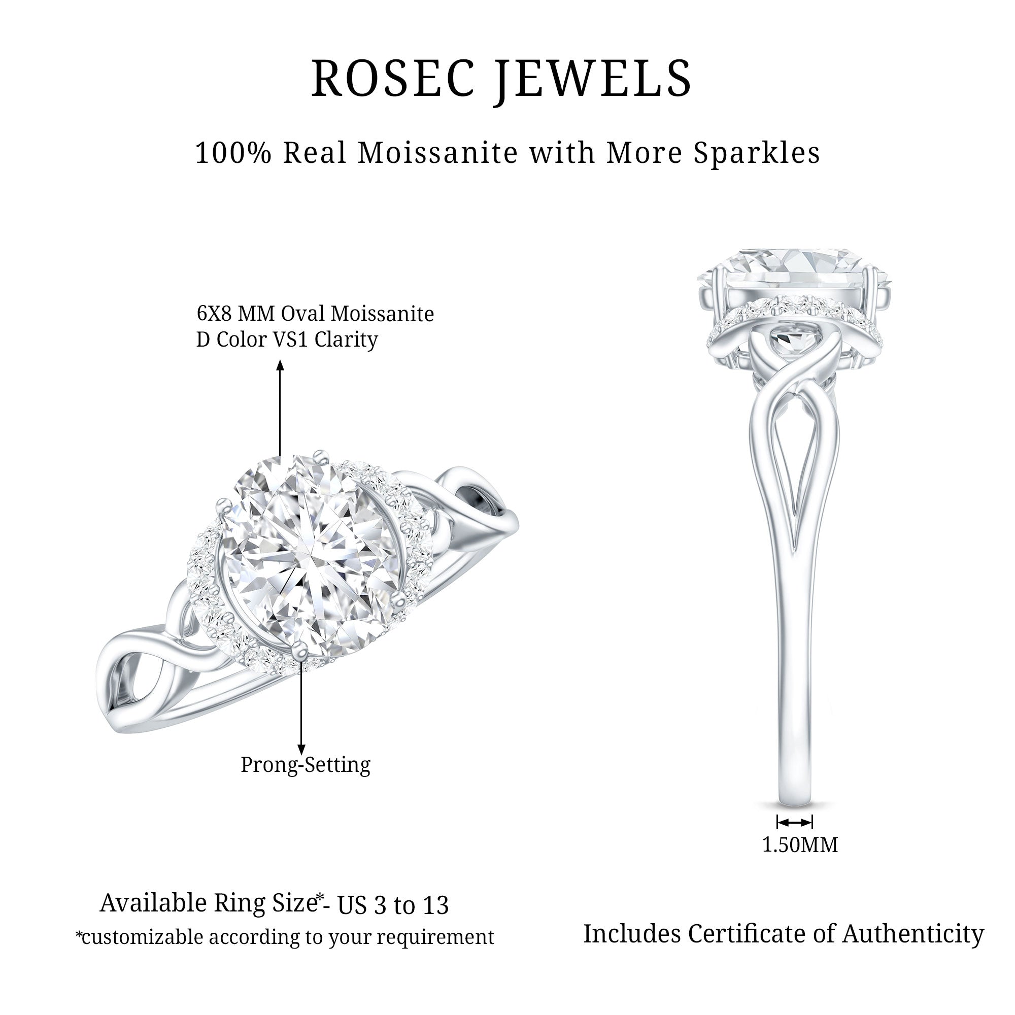 Oval Shape Moissanite Engagement Ring With Certificate D-VS1 - Rosec Jewels