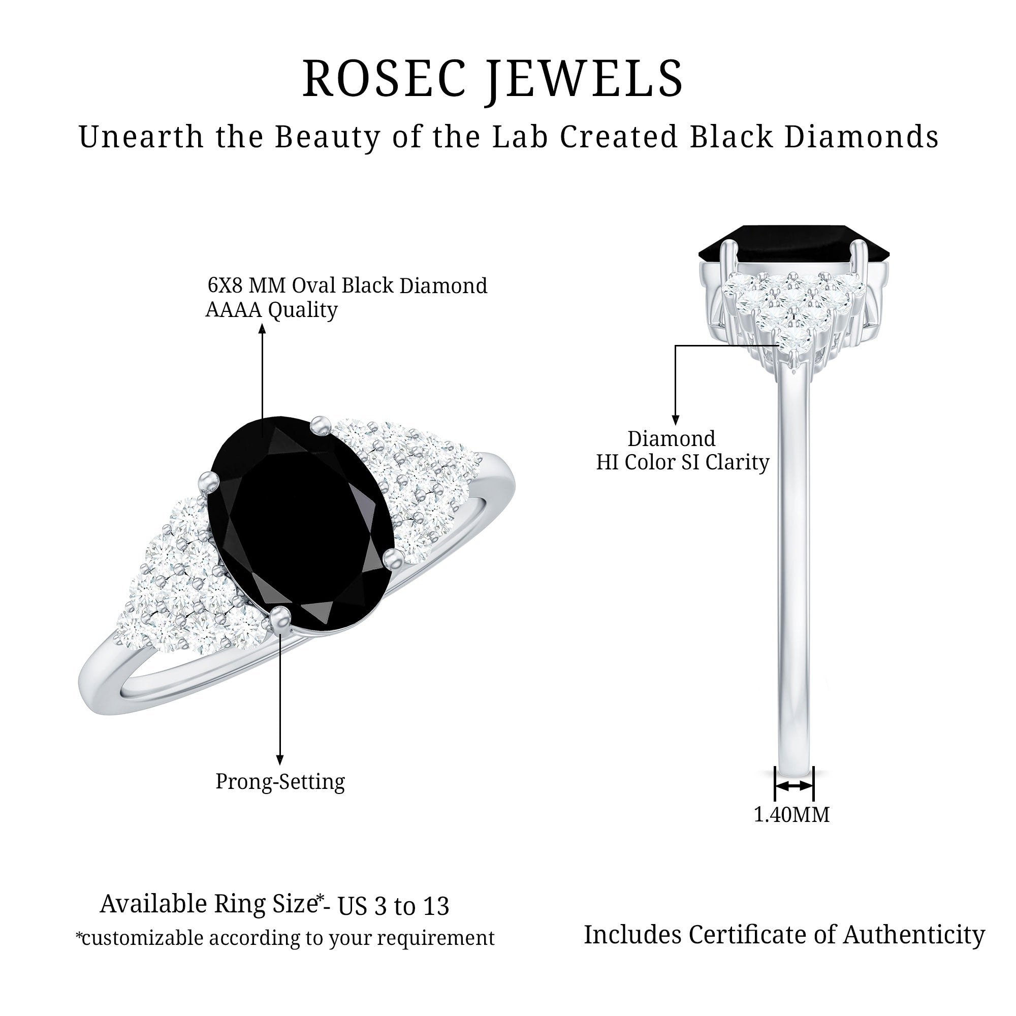 1.9 Carat Lab Grown Black Diamond Oval Engagement Ring with White Diamond AAAA ( Synthetic ) - Rosec Jewels