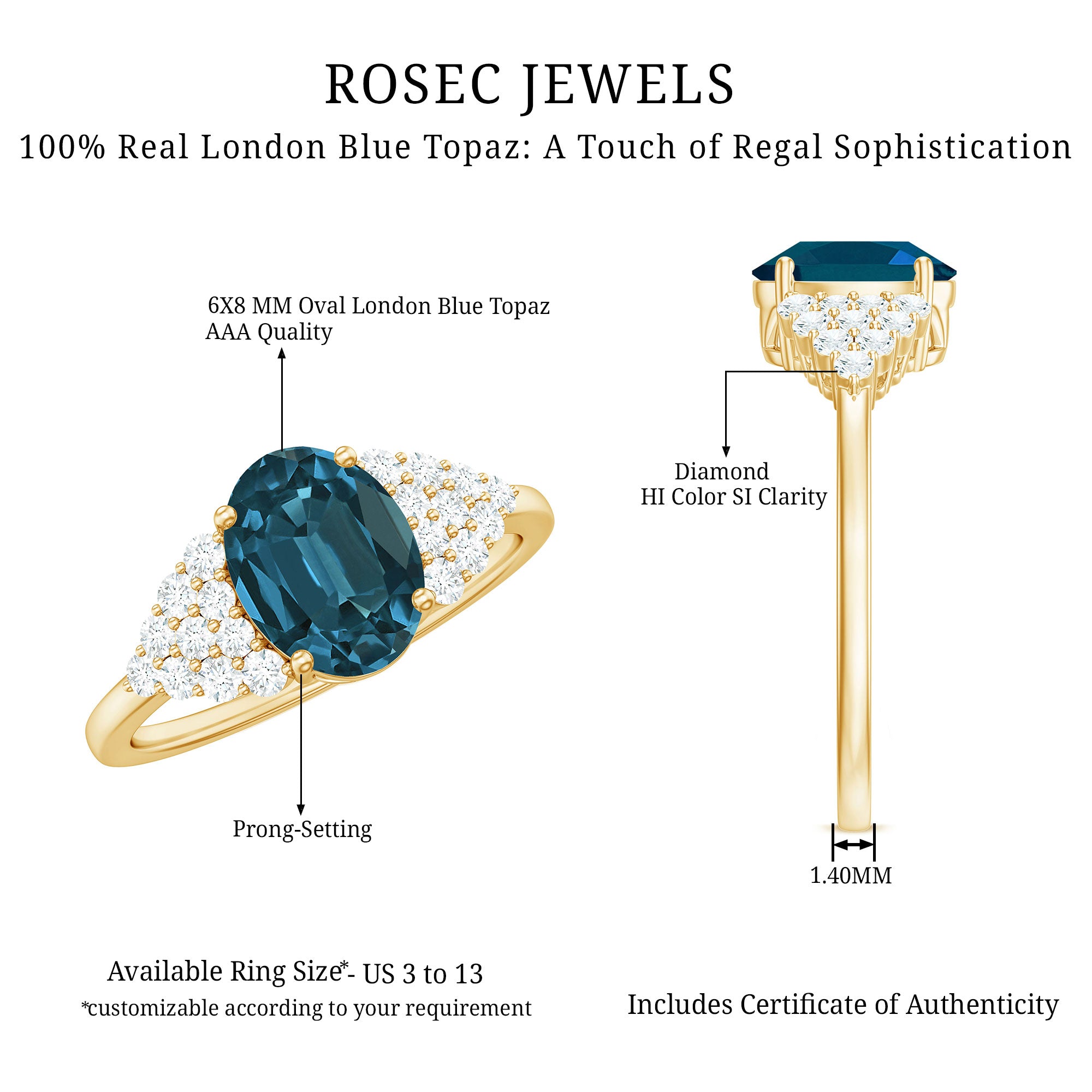 6X8mm Oval Cut London Blue Topaz Classic Engagement Ring with Diamond AAA - Rosec Jewels
