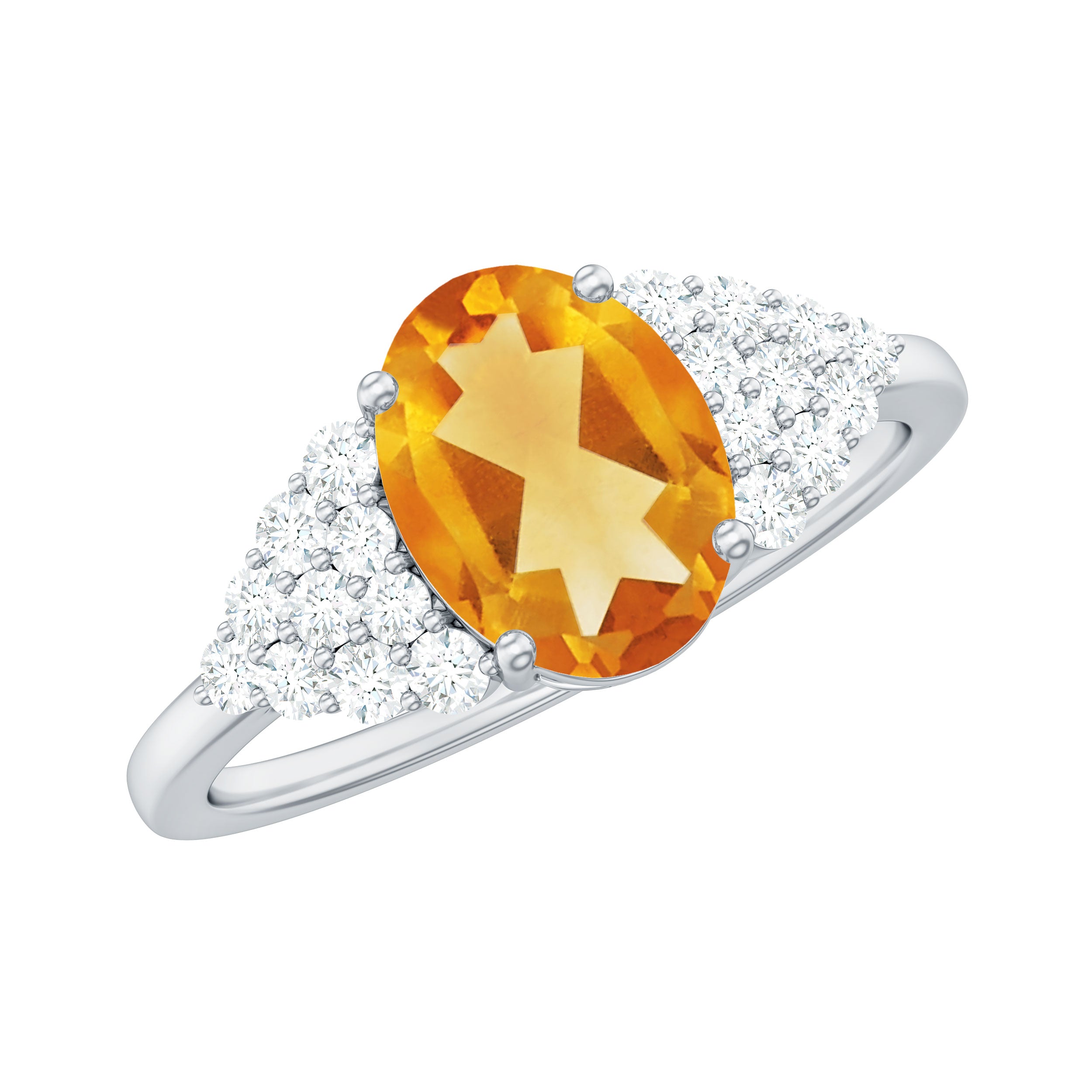 Natural Yellow Citrine Oval Engagement Ring with Diamond Side Stones AAA - Rosec Jewels