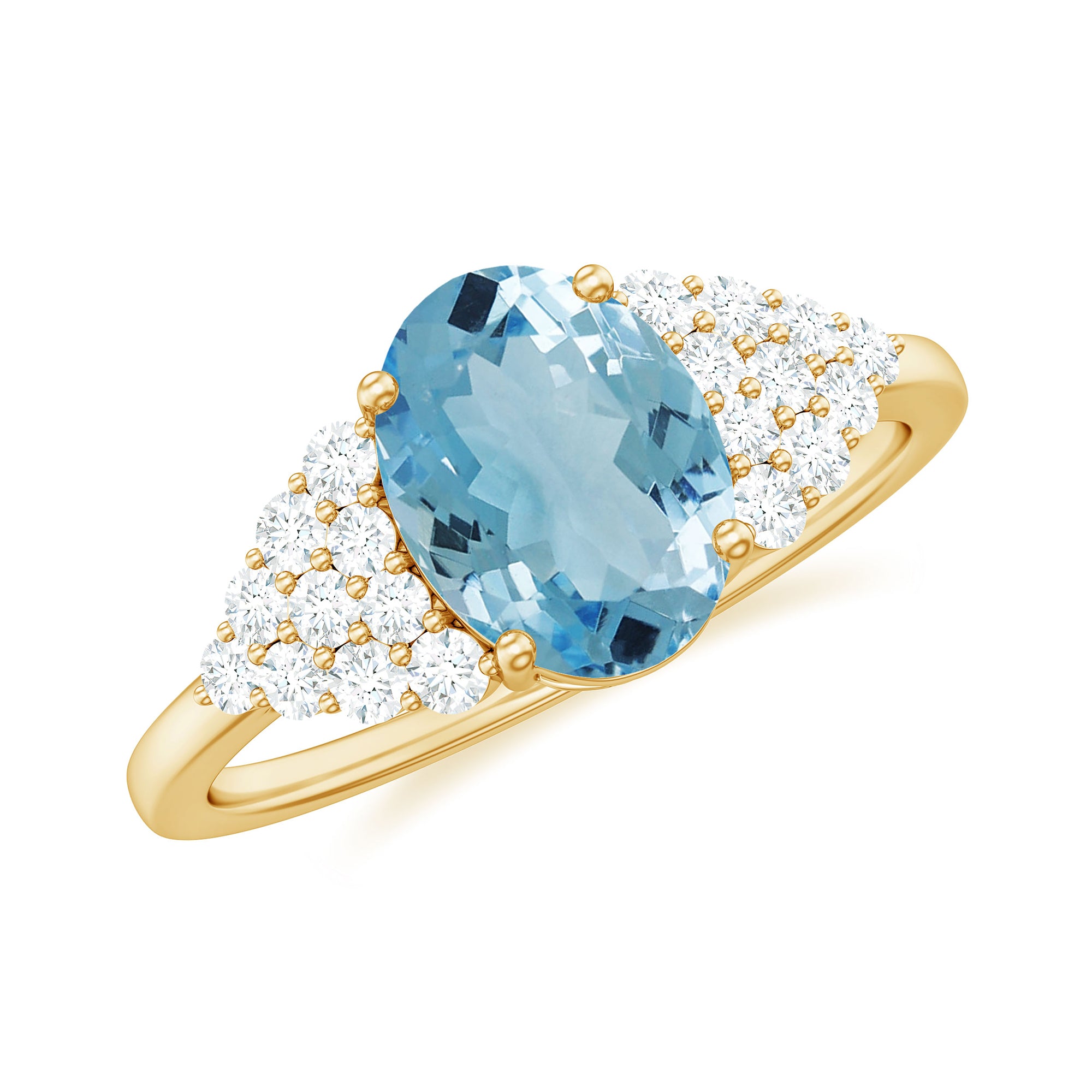Solitaire 1 Carat Aquamarine Oval Engagement Ring with Diamond Cluster AAA - Rosec Jewels