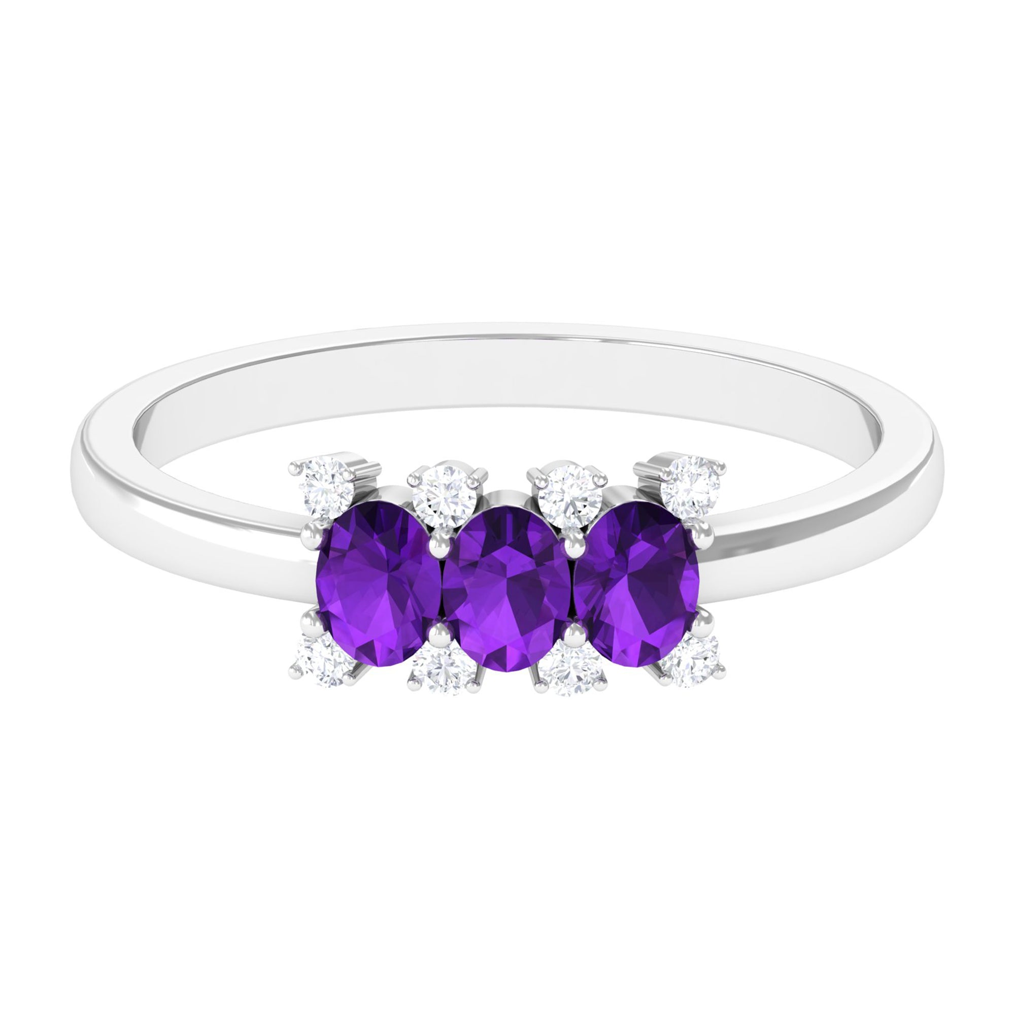 Natural Oval Amethyst 3 Stone Promise Ring with Diamond AAA - Rosec Jewels