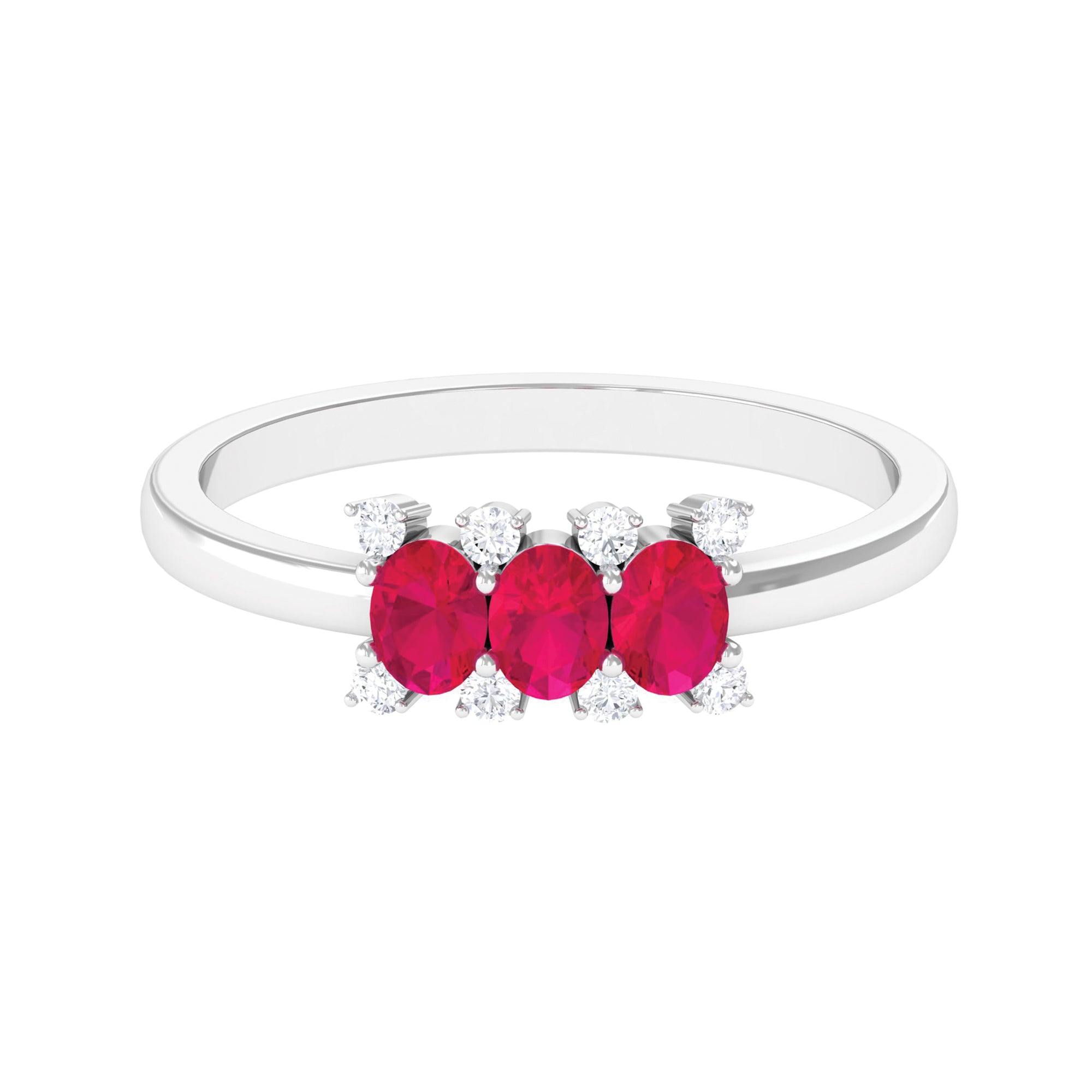 Oval Ruby Three Stone Promise Ring with Diamond AAA - Rosec Jewels
