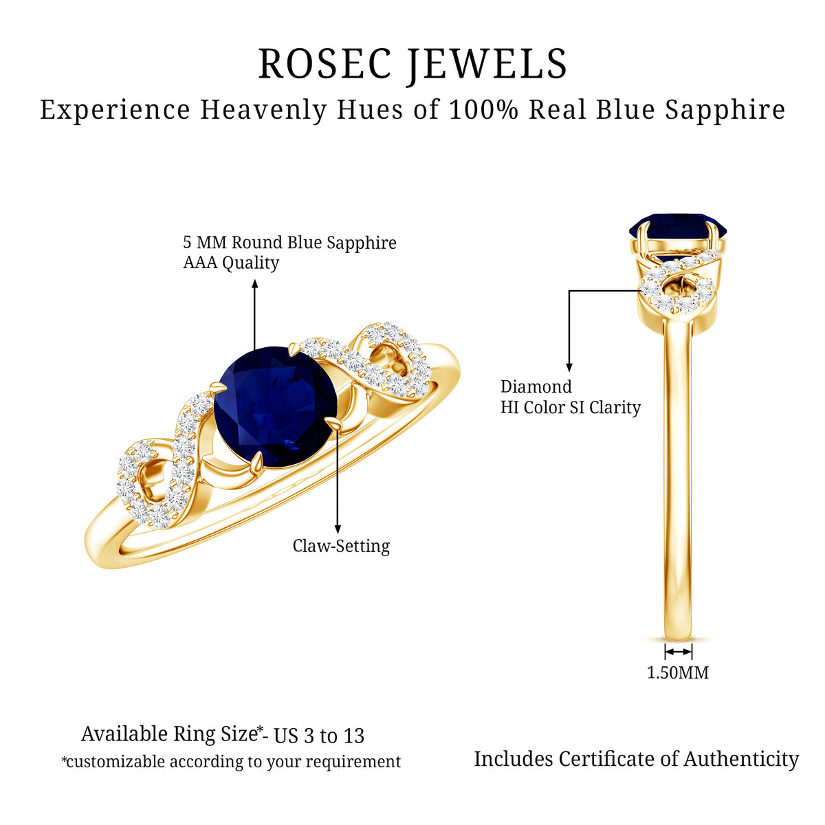 Real 0.9 Carat Blue Sapphire Infinity Promise Ring with Diamond AAA - Rosec Jewels